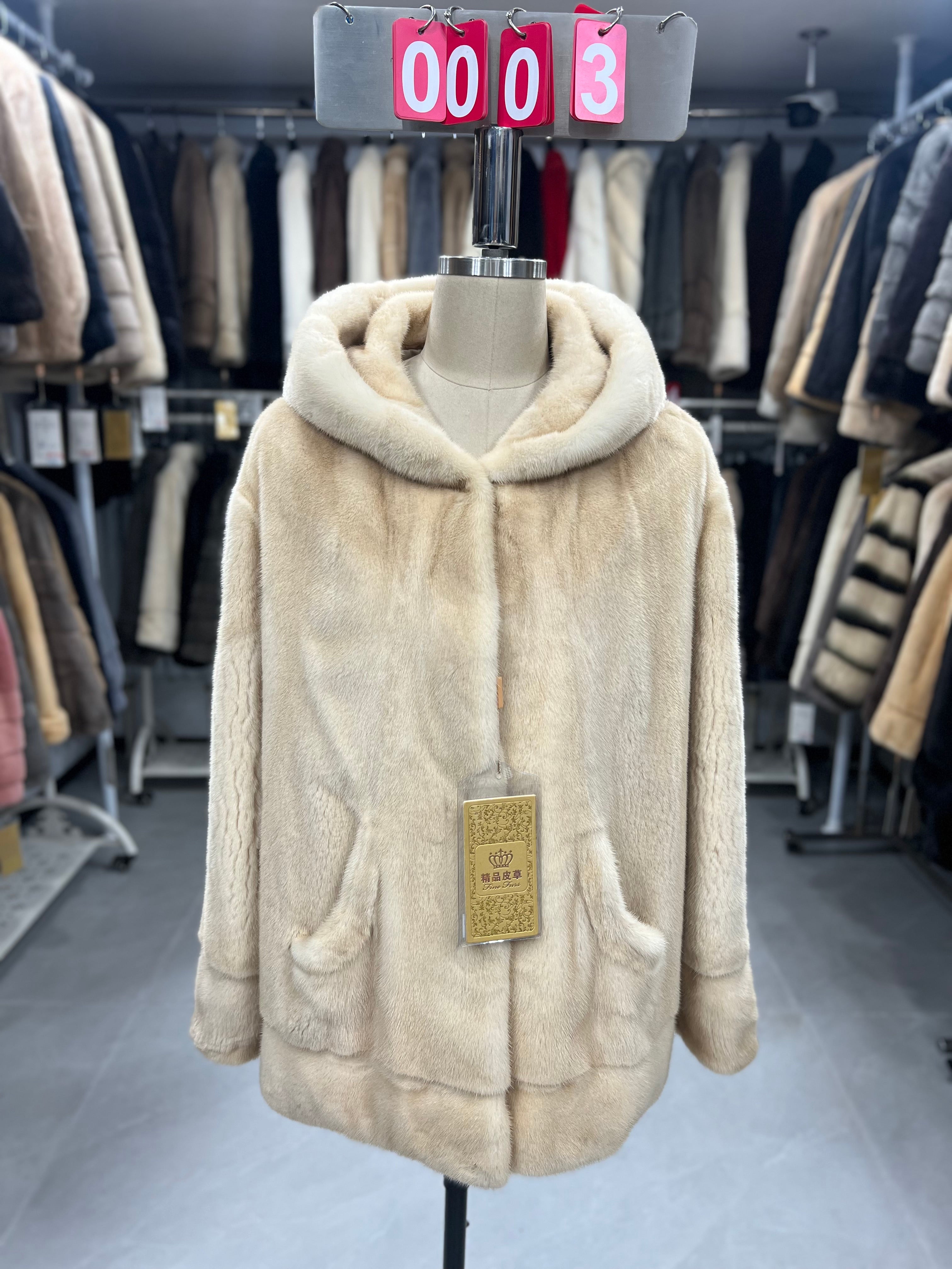 Beige-hooded velvet-finish mink coat 003