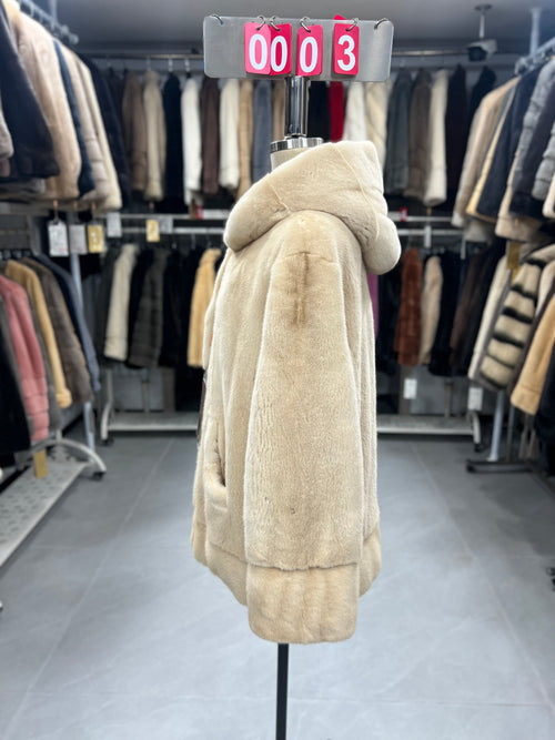 Beige-hooded velvet-finish mink coat 003