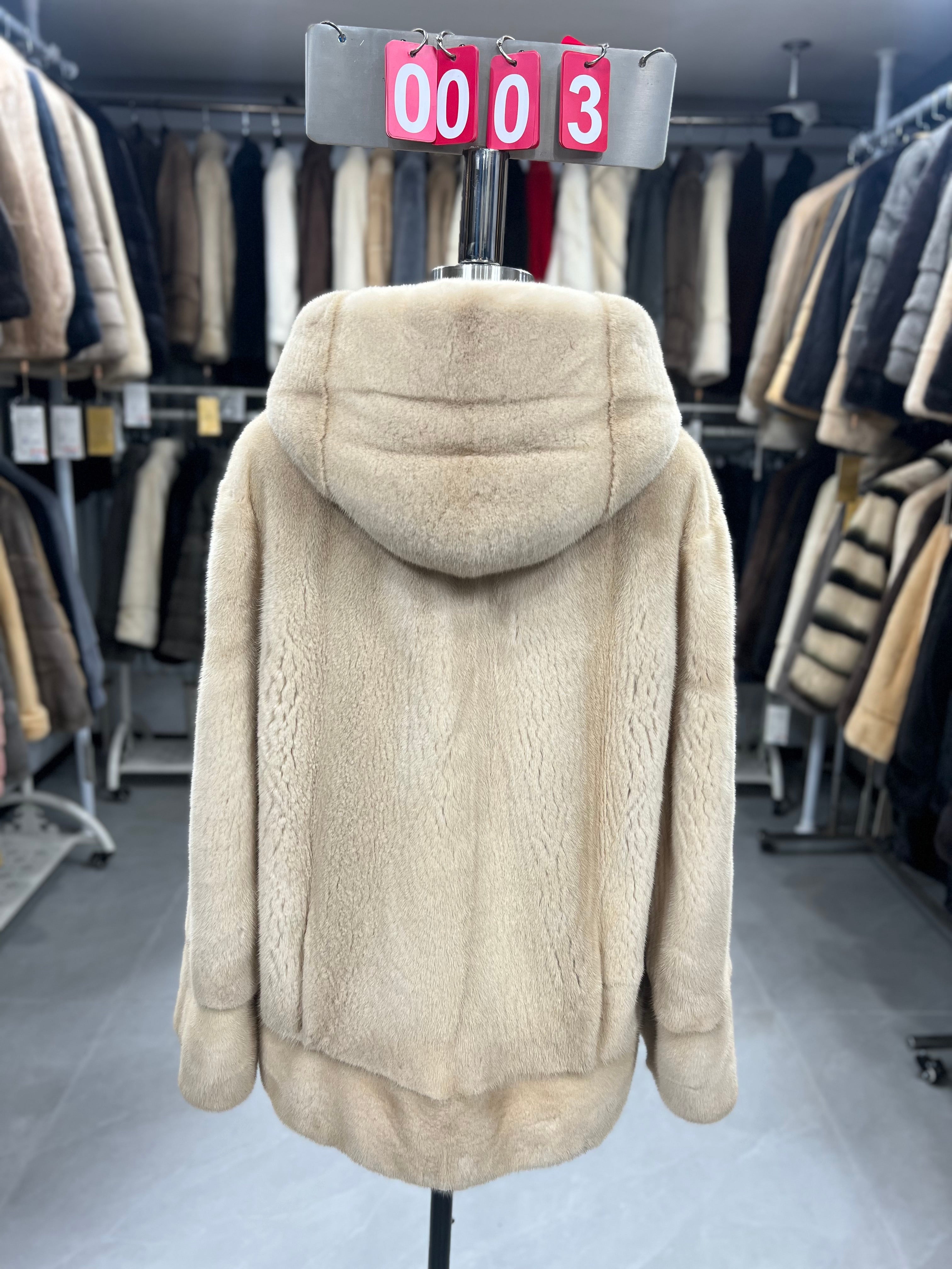 Beige-hooded velvet-finish mink coat 003