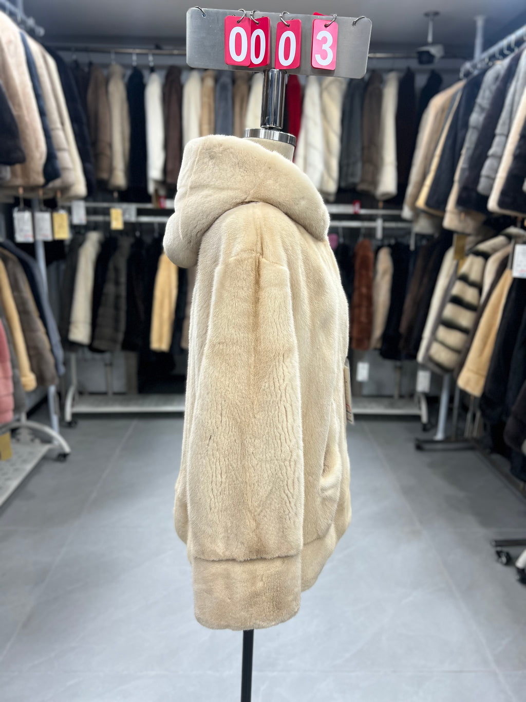 Beige-hooded velvet-finish mink coat 003