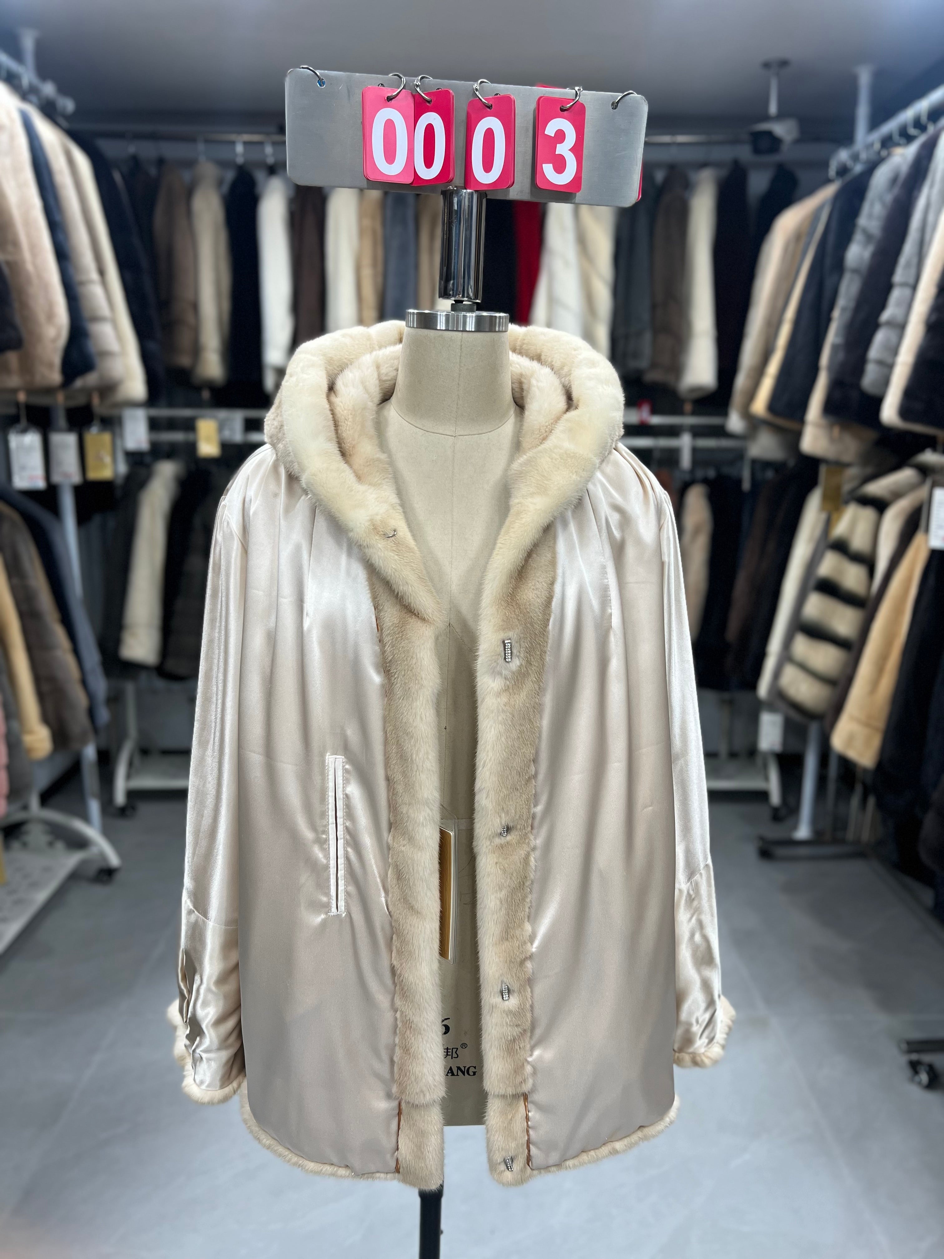 Beige-hooded velvet-finish mink coat 003