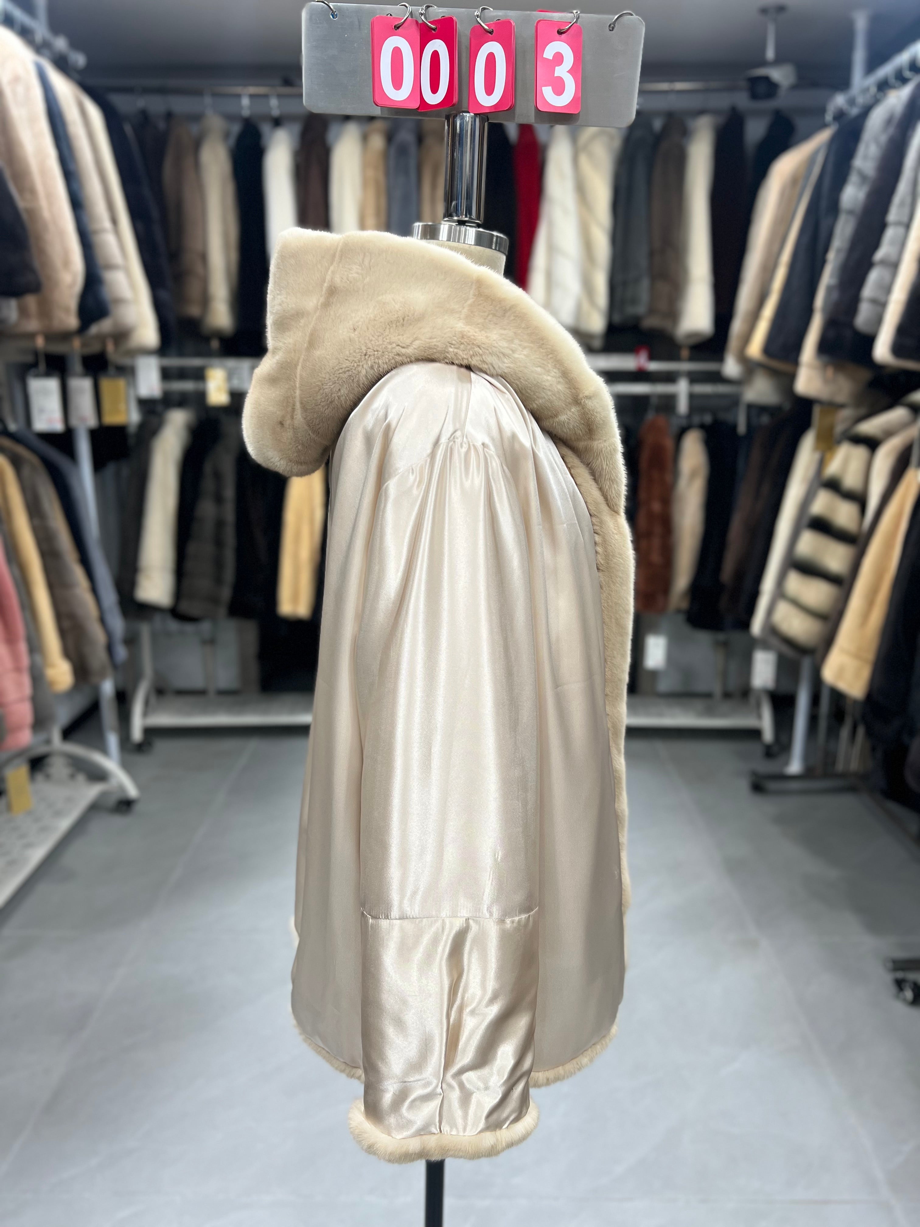 Beige-hooded velvet-finish mink coat 003