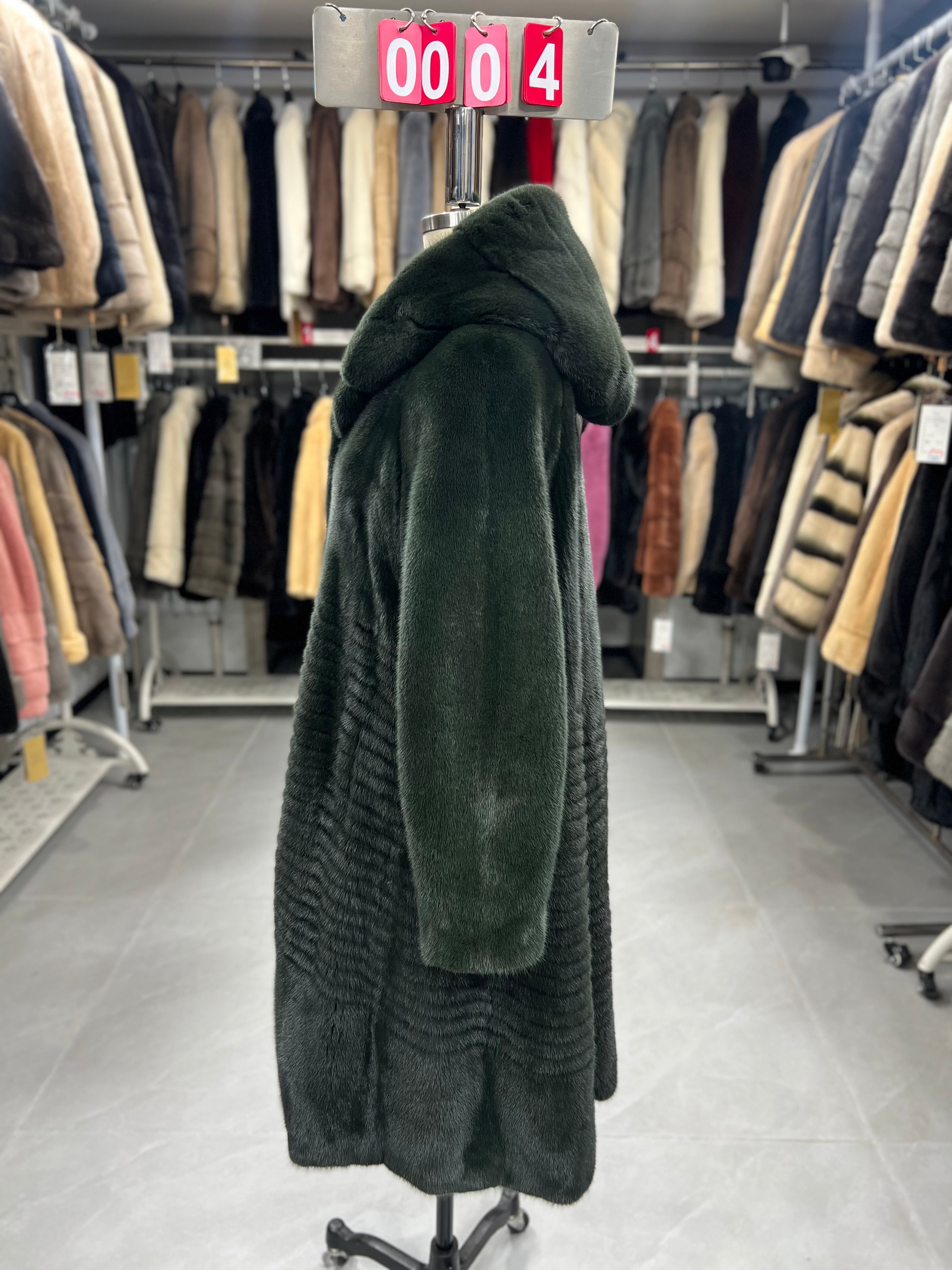 Dark green hooded carved-pattern velvet-finish mink coat 004