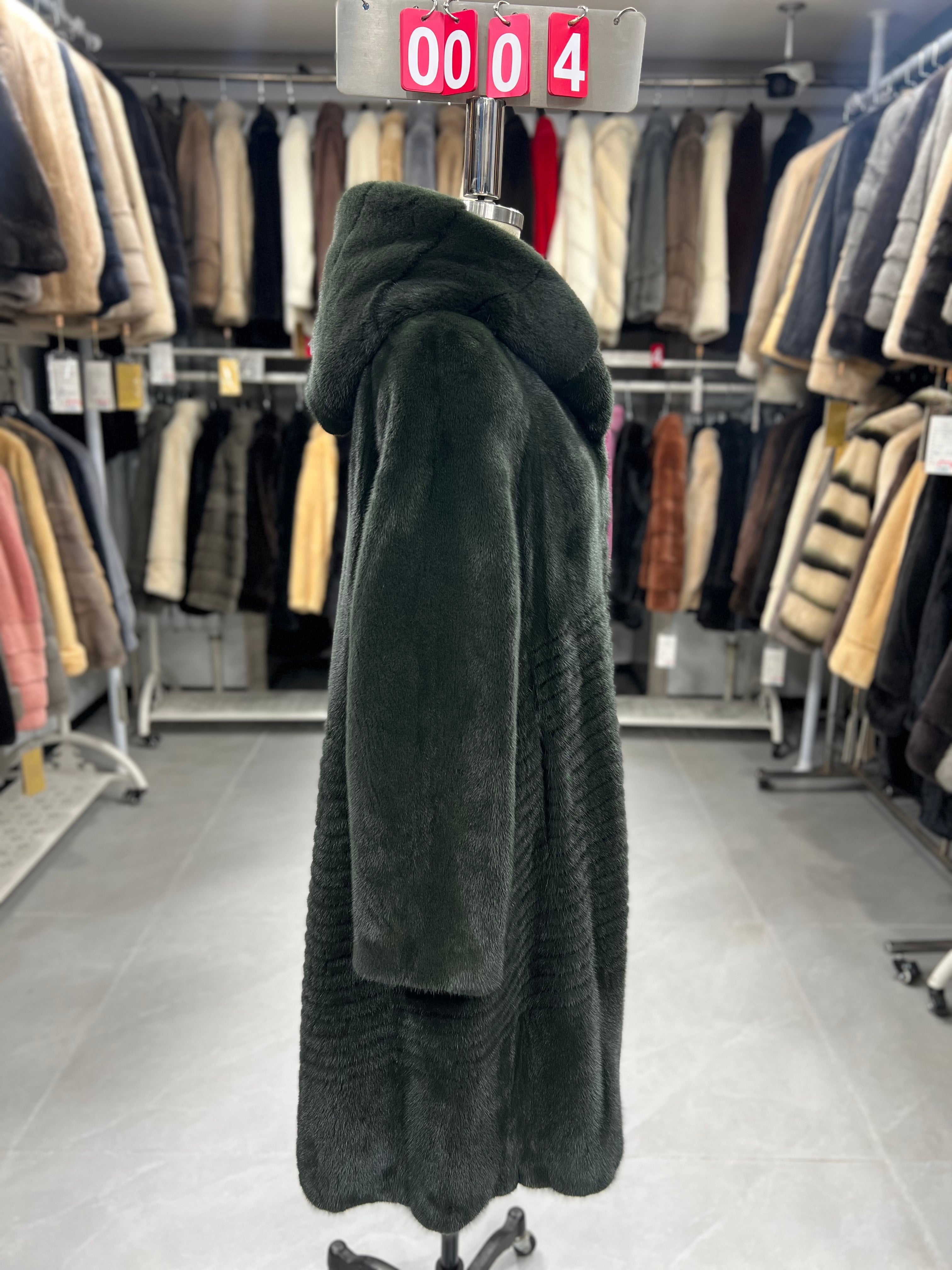 Dark green hooded carved-pattern velvet-finish mink coat 004