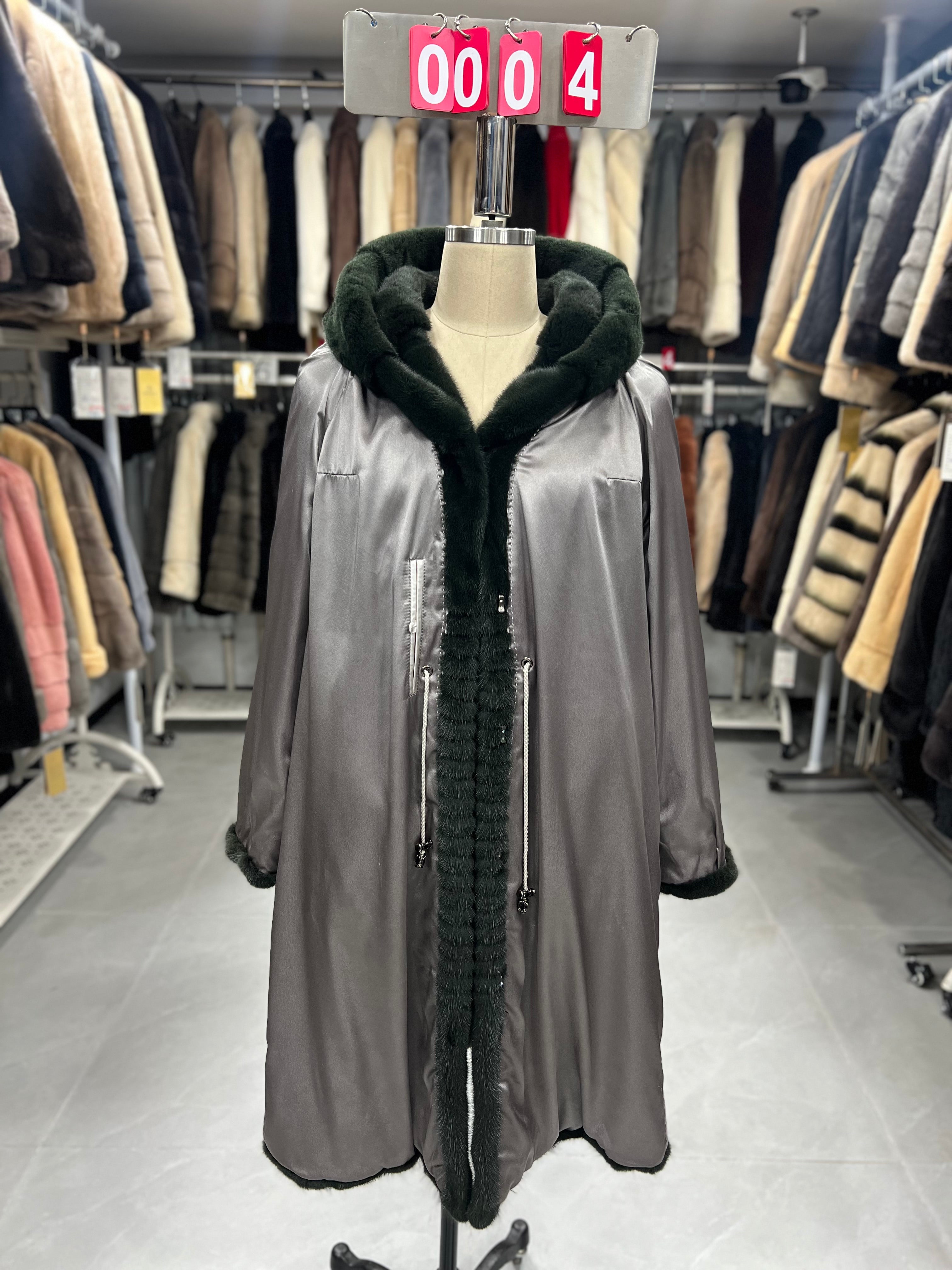 Dark green hooded carved-pattern velvet-finish mink coat 004