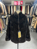 Brown velvet-finish mink coat featuring a stand collar, diagonal buttoning, and roll-up sleeves.006