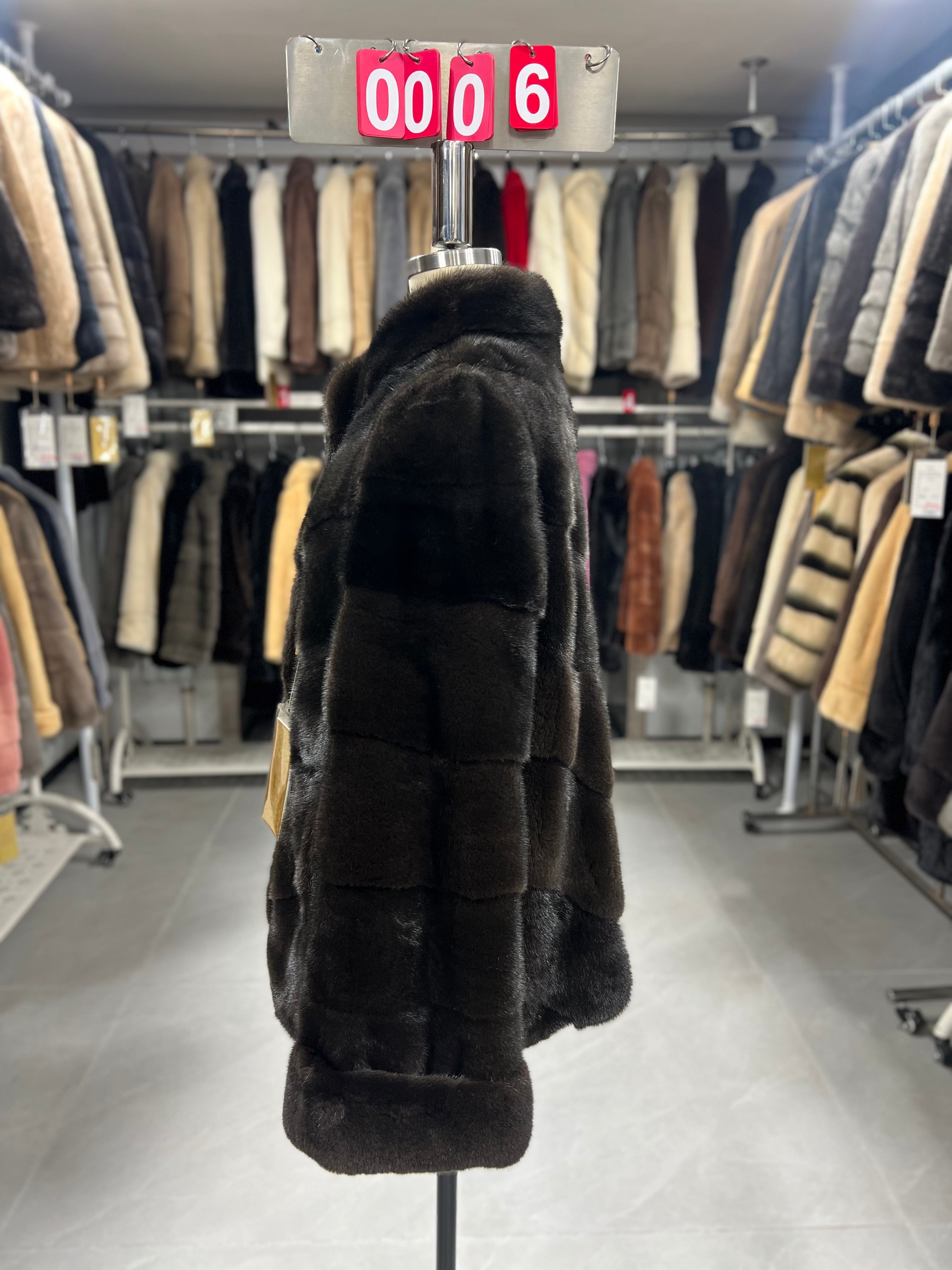 Brown velvet-finish mink coat featuring a stand collar, diagonal buttoning, and roll-up sleeves.006
