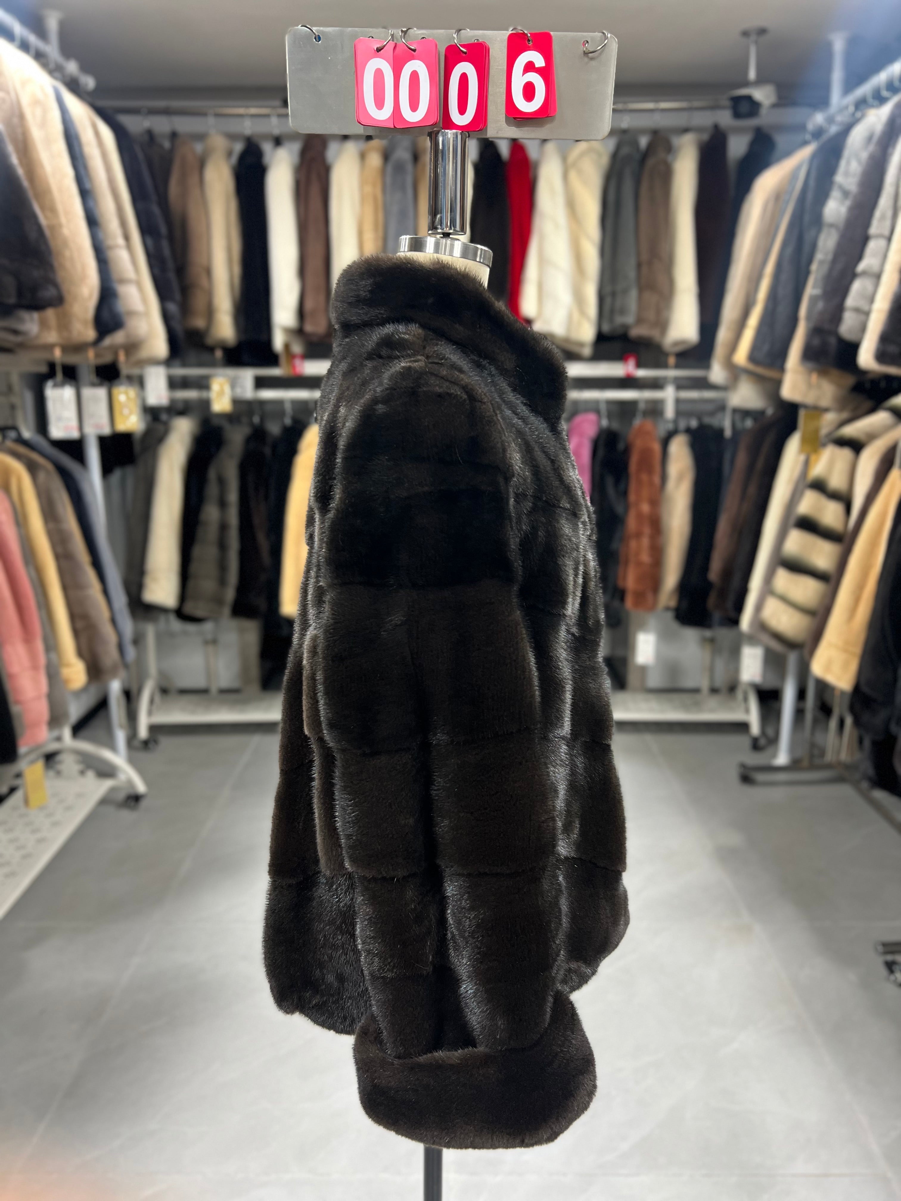 Brown velvet-finish mink coat featuring a stand collar, diagonal buttoning, and roll-up sleeves.006