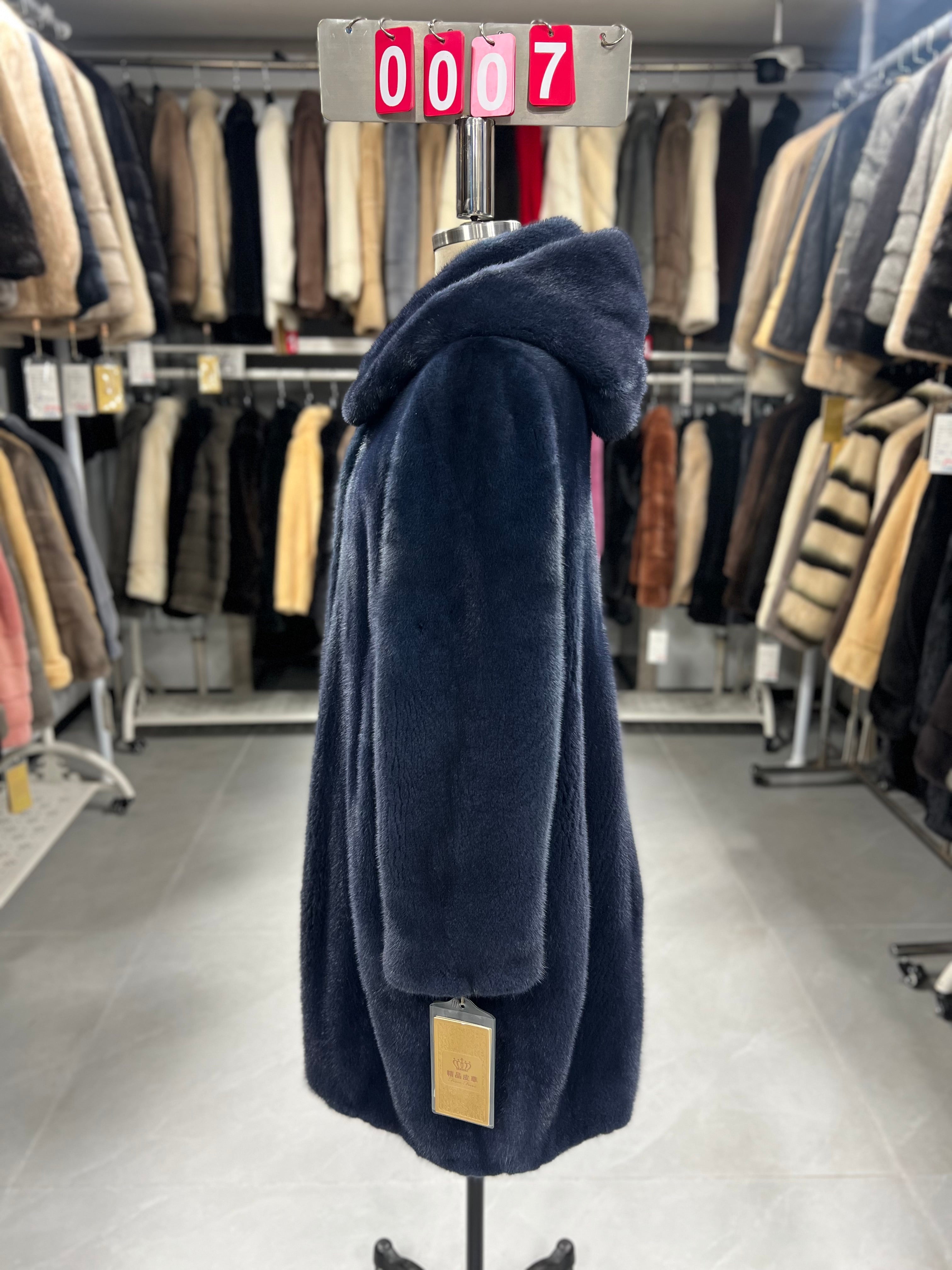 Long, hooded dark blue velvet-finish mink coat 007