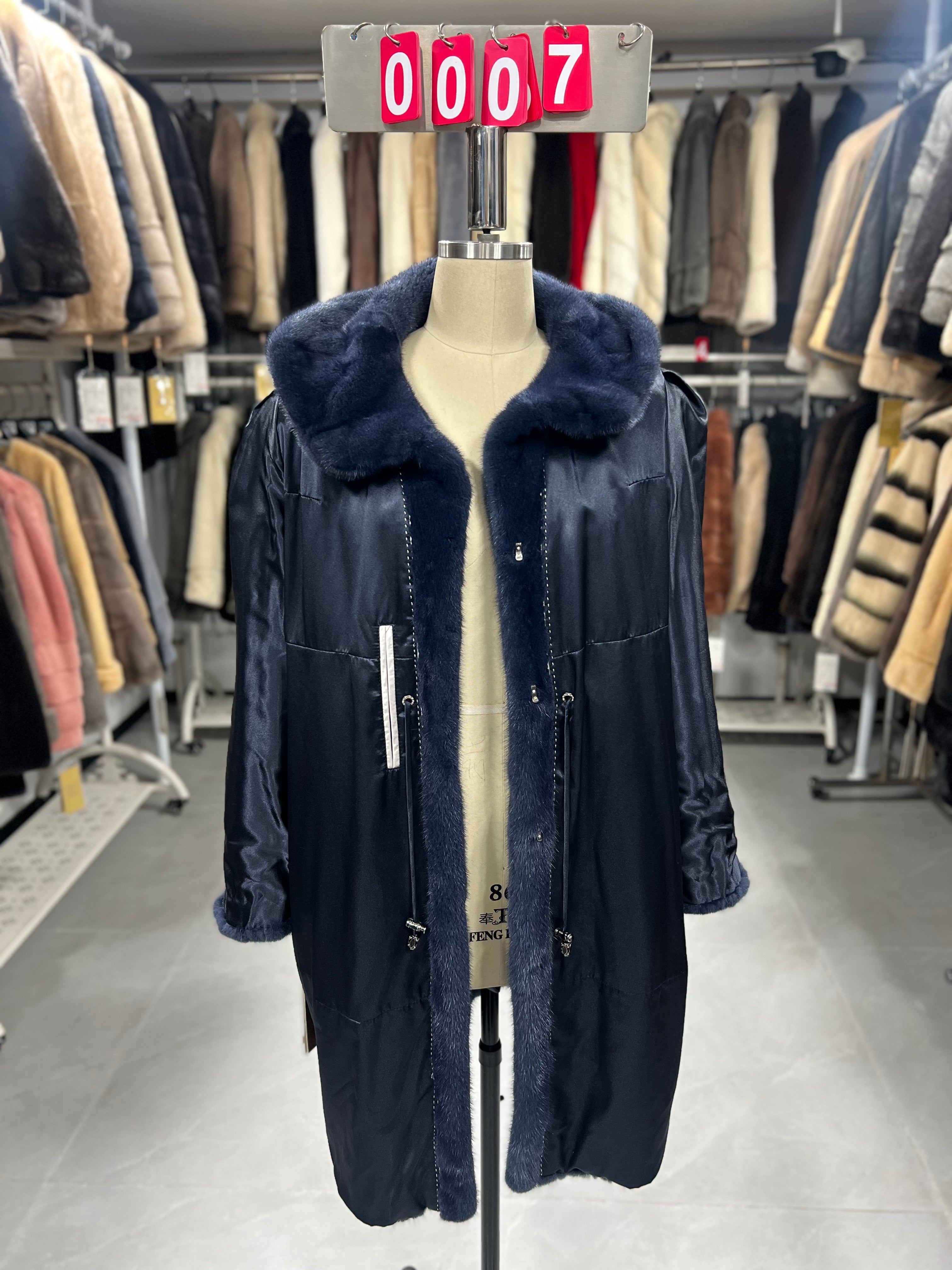 Long, hooded dark blue velvet-finish mink coat 007