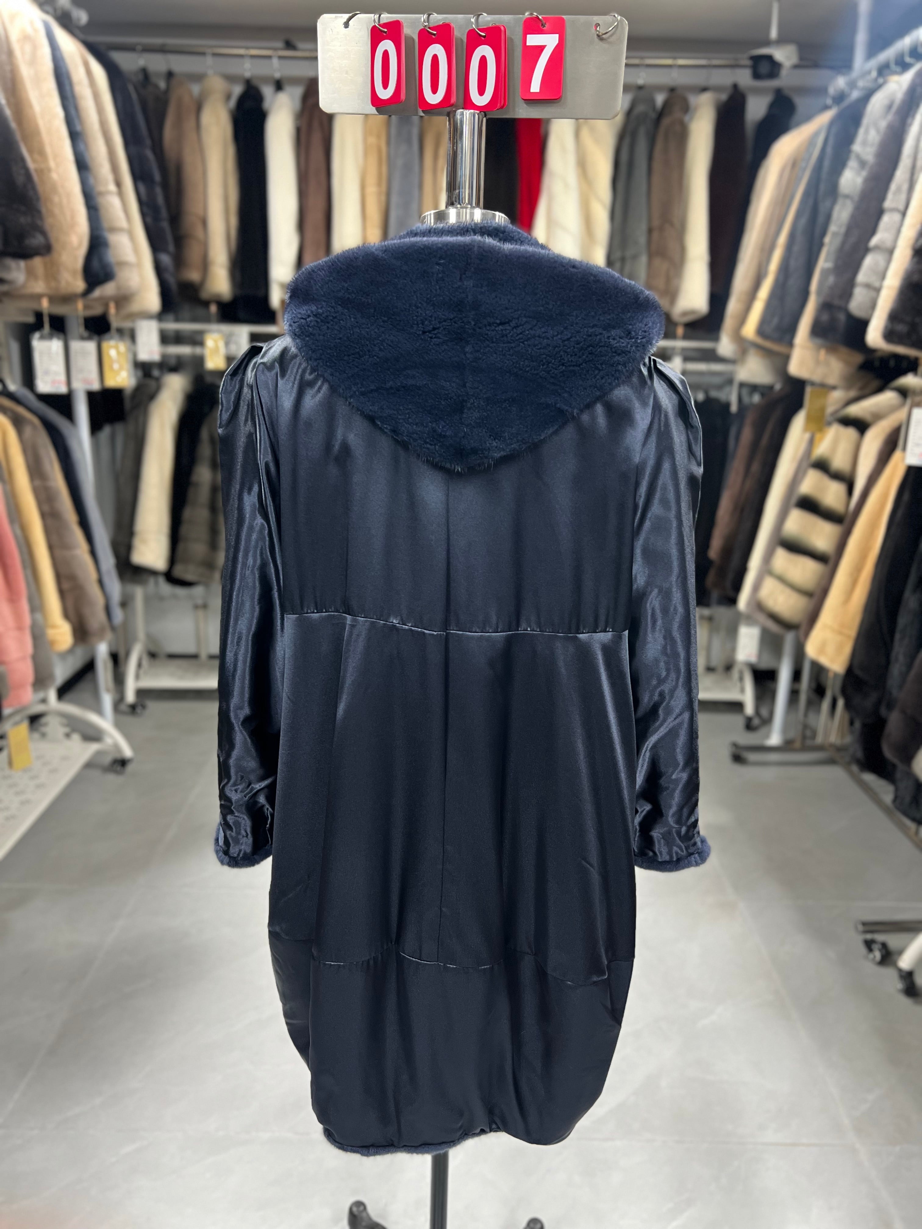 Long, hooded dark blue velvet-finish mink coat 007