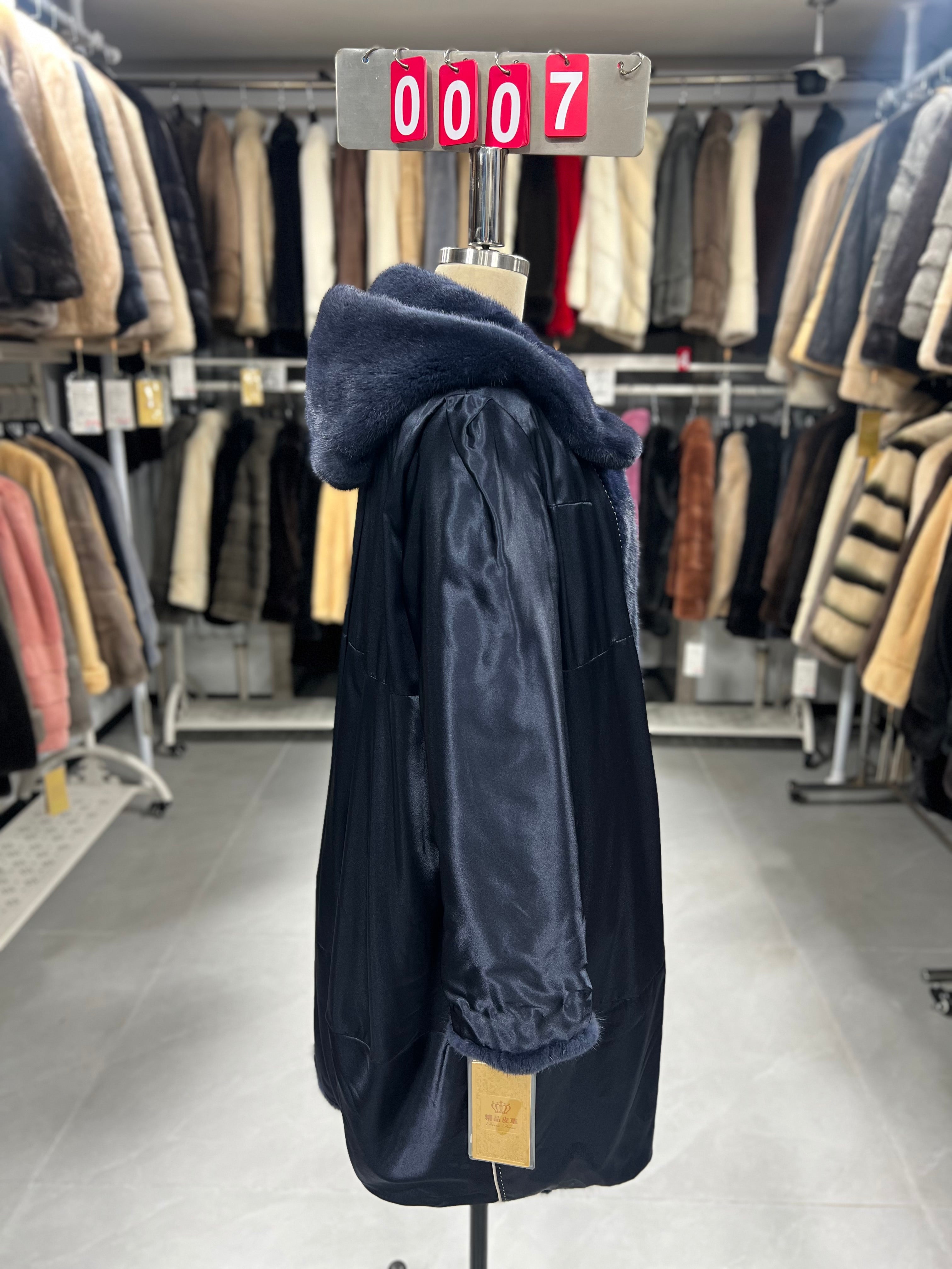 Long, hooded dark blue velvet-finish mink coat 007