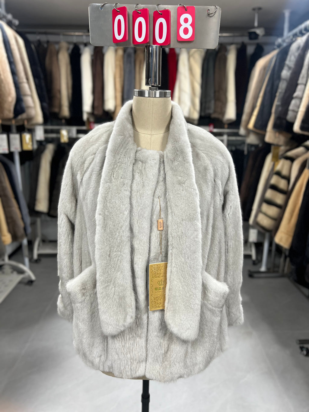 Violet velvet-finish mink coat with a scarf collar 008