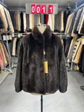 Dark brown velvet-finish mink coat featuring a stand-up collar and fitted cuffs.011
