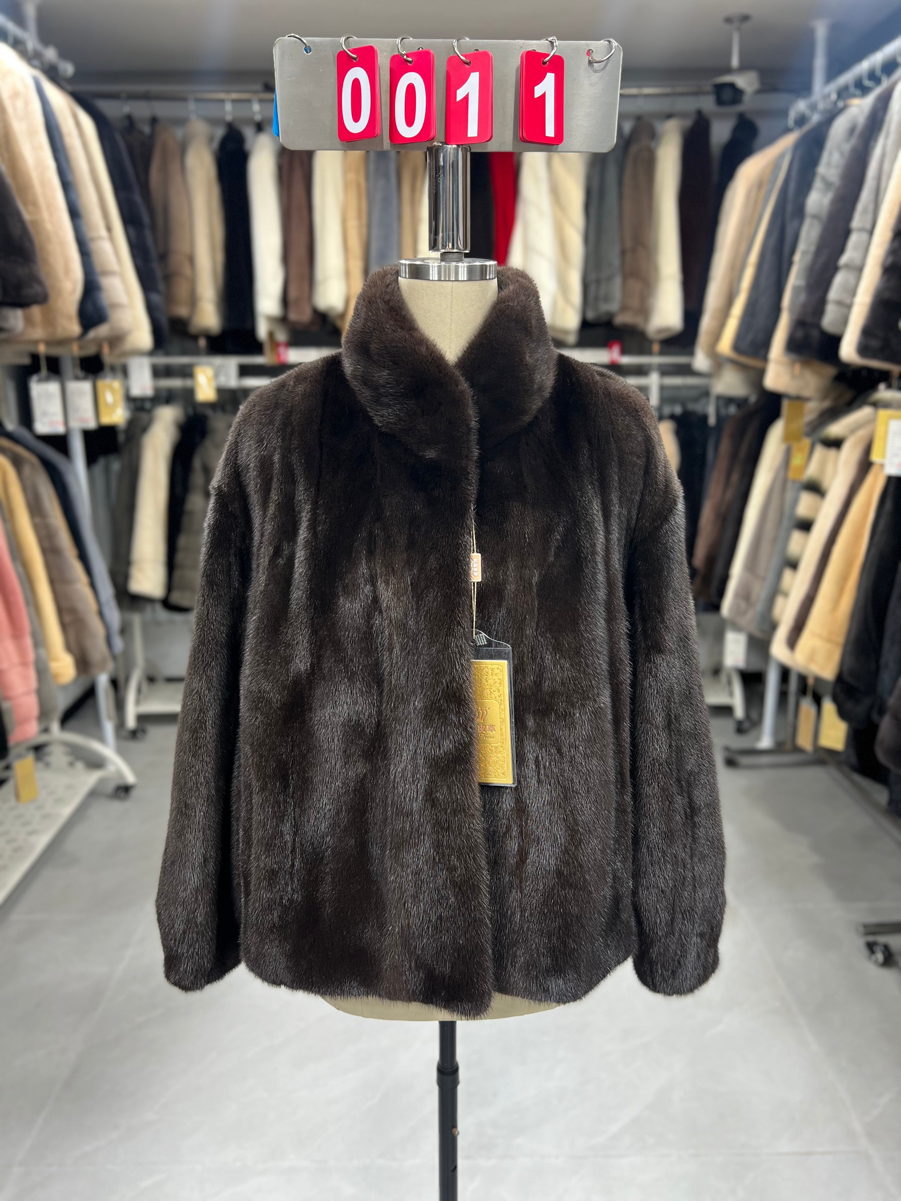 Dark brown velvet-finish mink coat featuring a stand-up collar and fitted cuffs.011