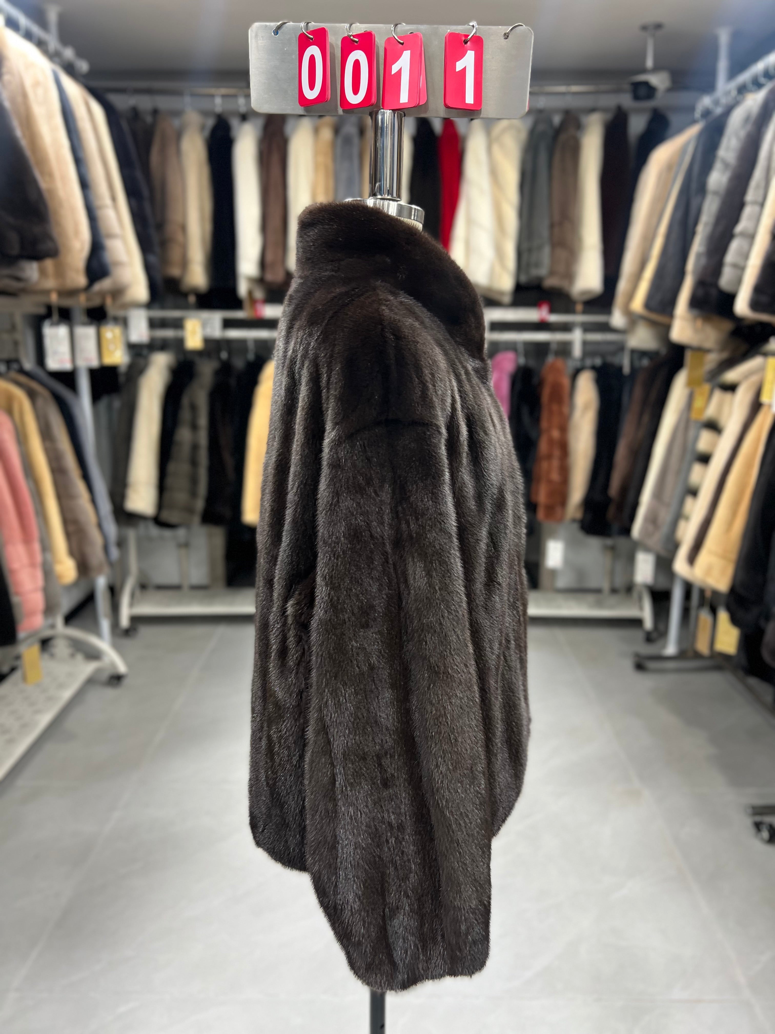 Dark brown velvet-finish mink coat featuring a stand-up collar and fitted cuffs.011