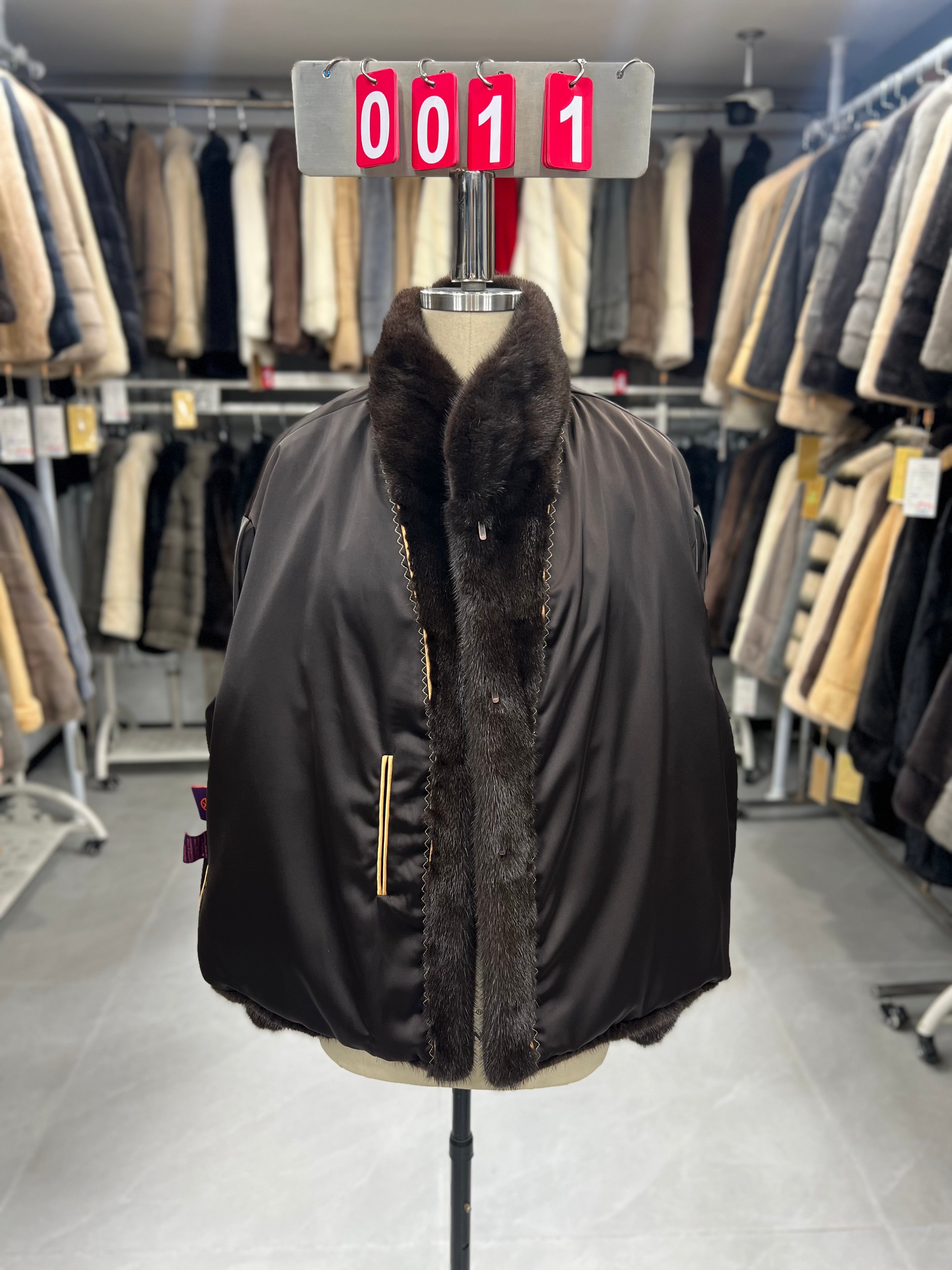 Dark brown velvet-finish mink coat featuring a stand-up collar and fitted cuffs.011