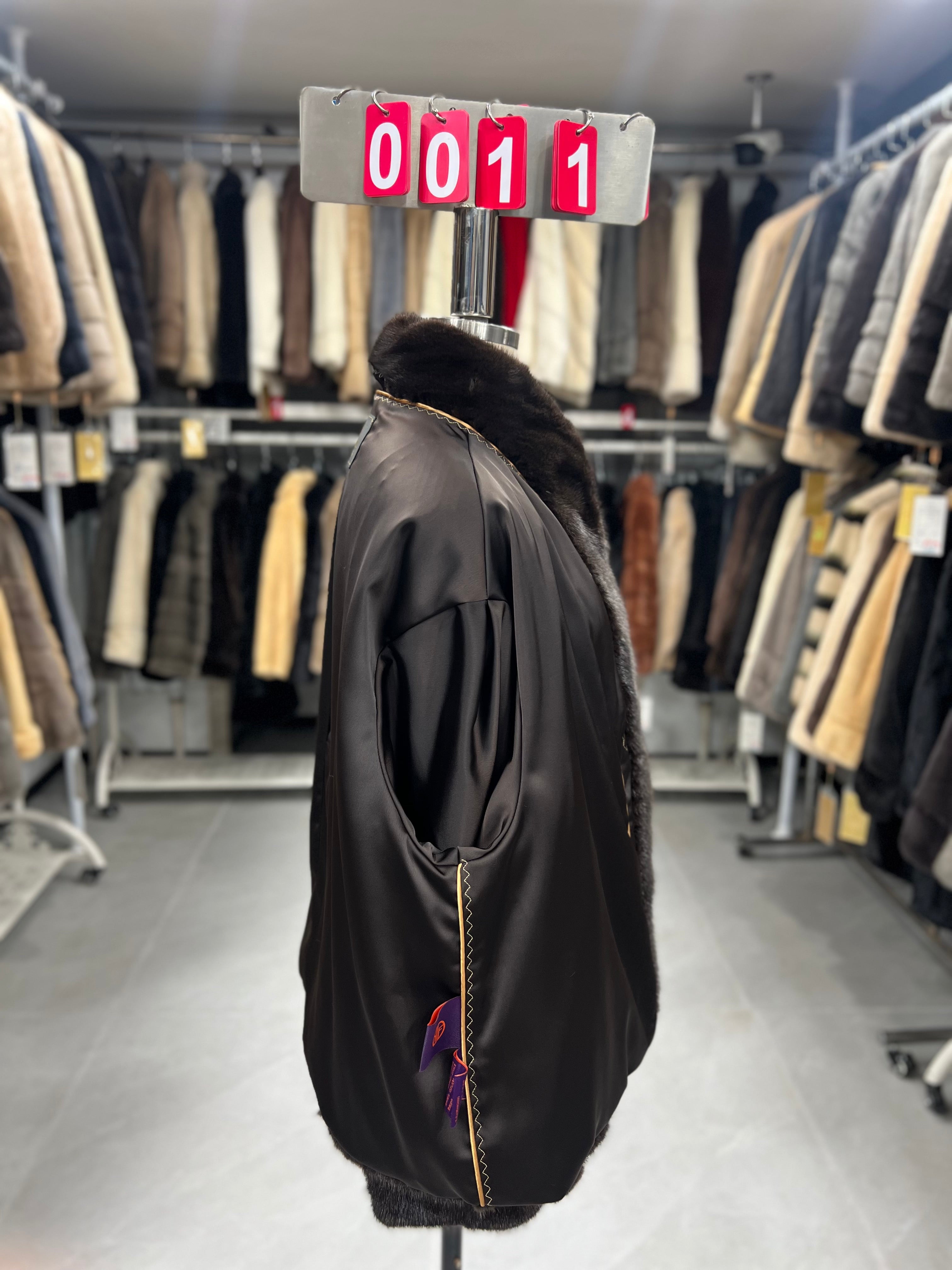 Dark brown velvet-finish mink coat featuring a stand-up collar and fitted cuffs.011