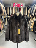 Dark brown velvet-finish mink coat featuring a stand-up collar and fitted cuffs.012