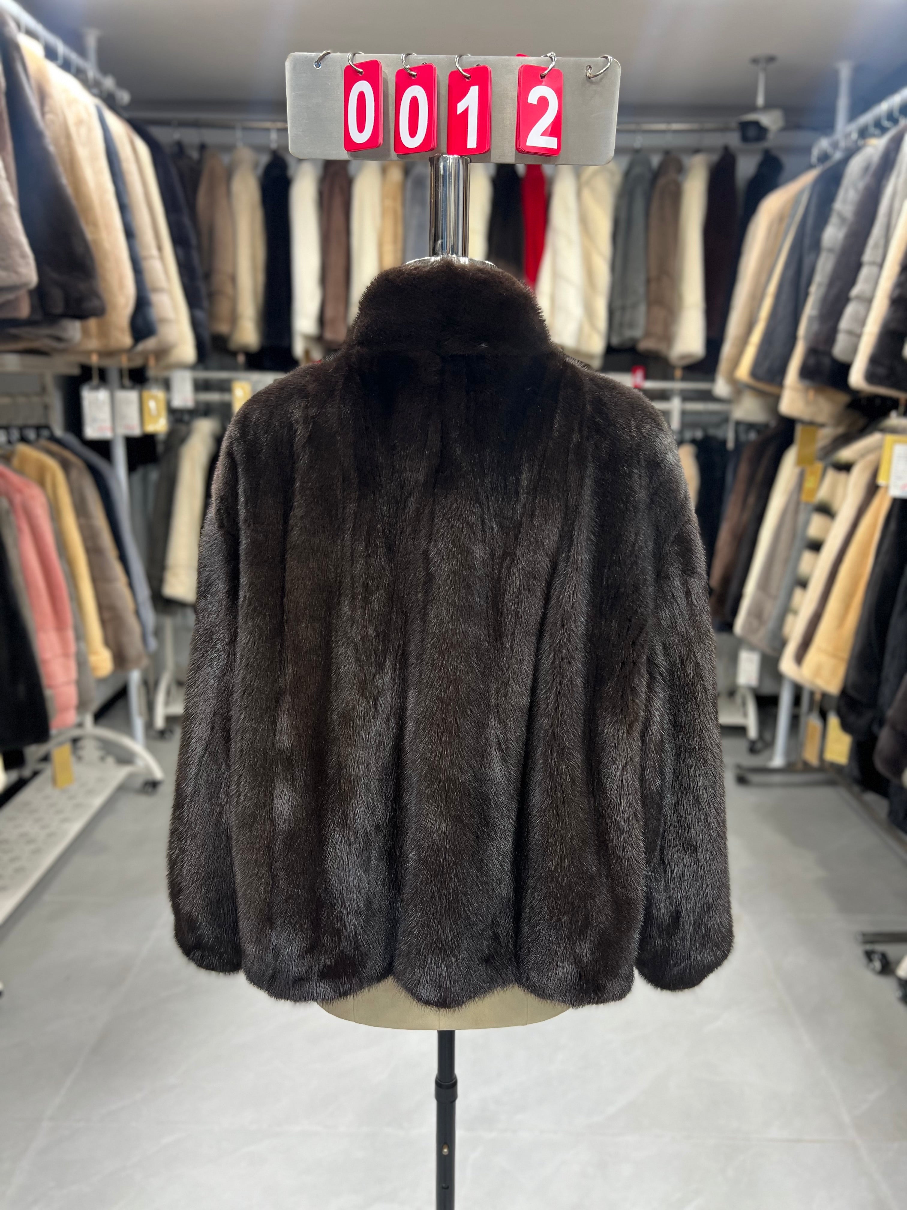 Dark brown velvet-finish mink coat featuring a stand-up collar and fitted cuffs.012