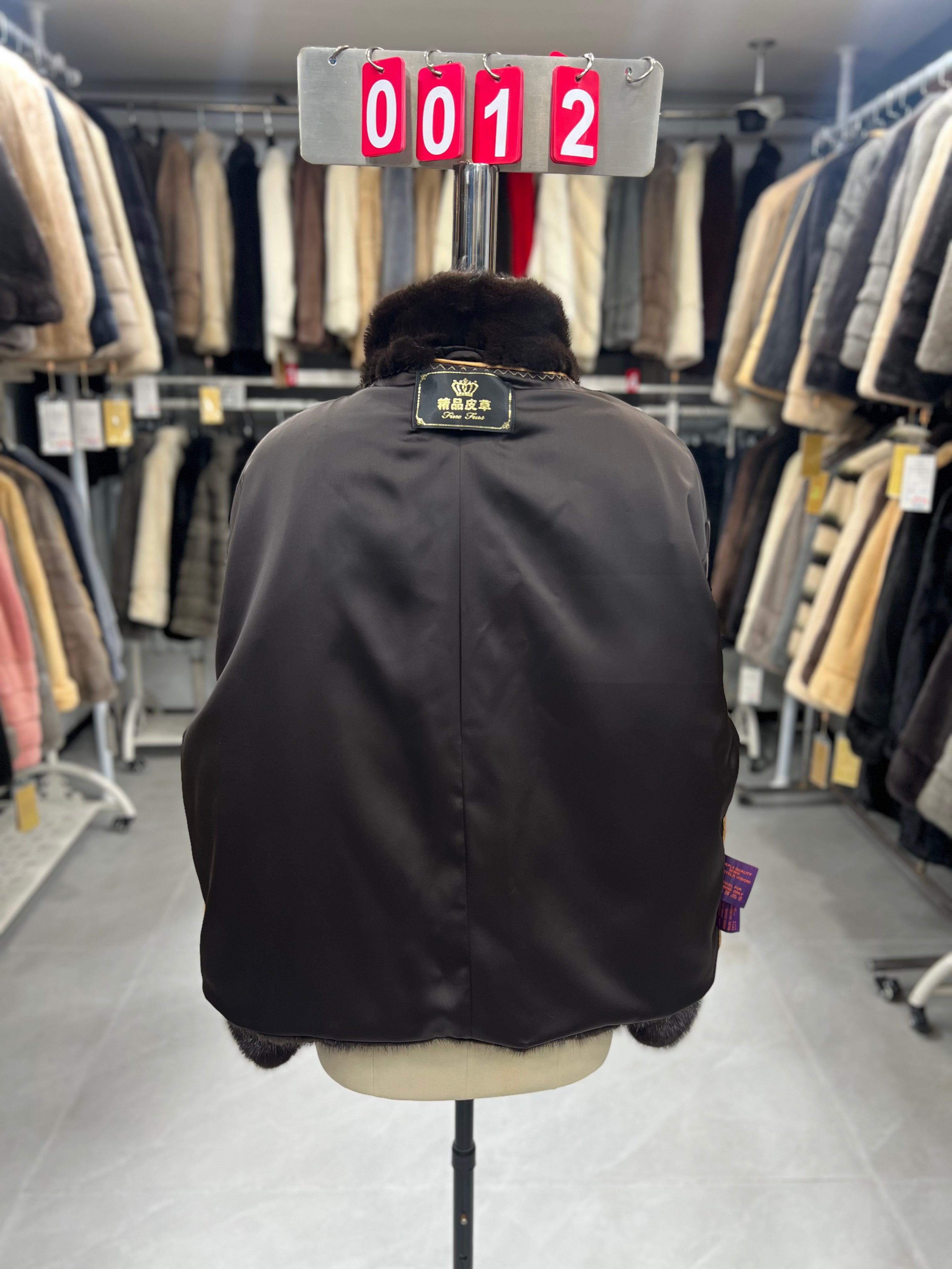 Dark brown velvet-finish mink coat featuring a stand-up collar and fitted cuffs.012