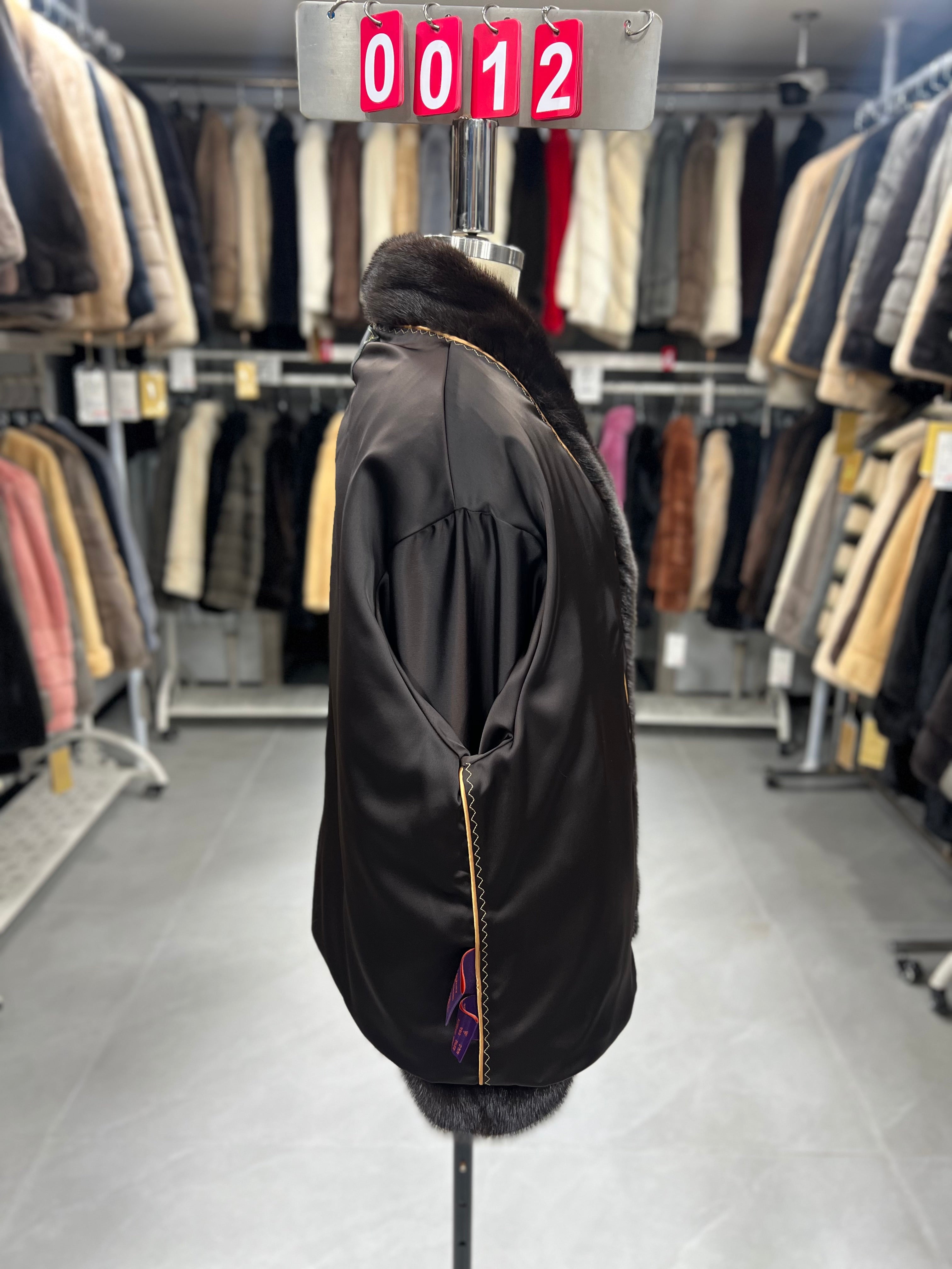 Dark brown velvet-finish mink coat featuring a stand-up collar and fitted cuffs.012