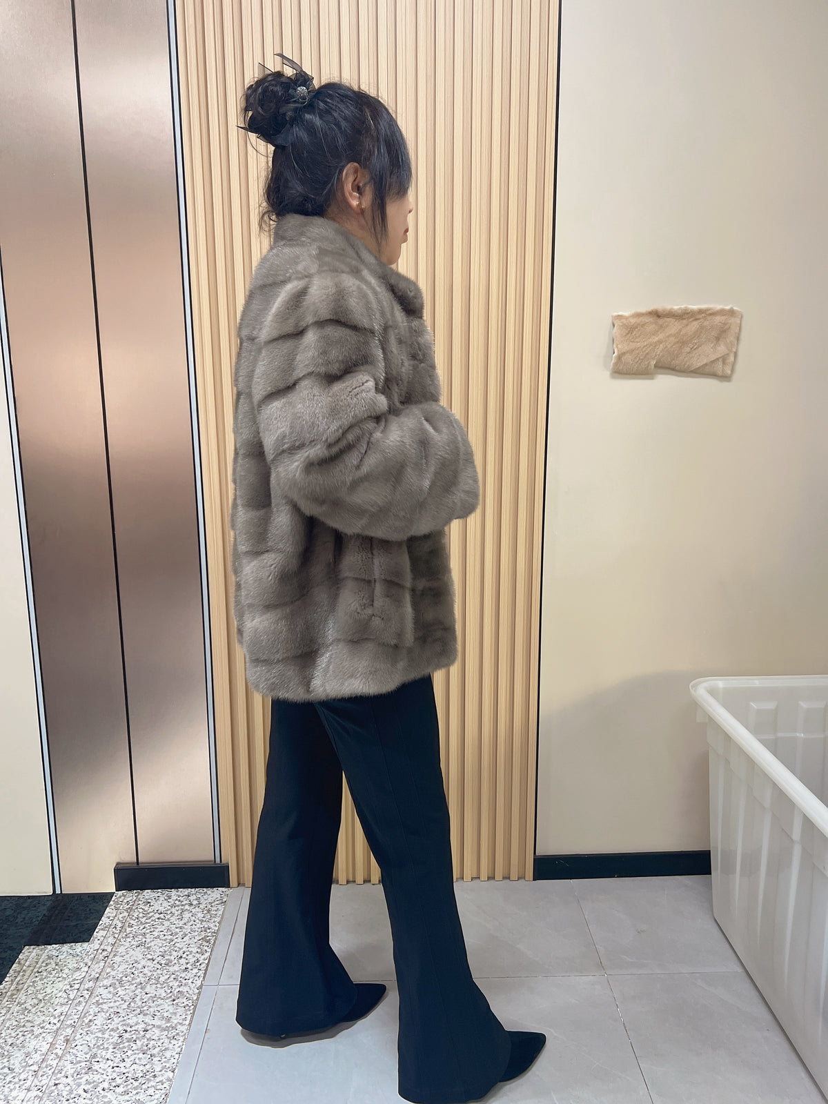 No. 160: Grey stand-collar mink fur coat featuring a horizontal panel design.