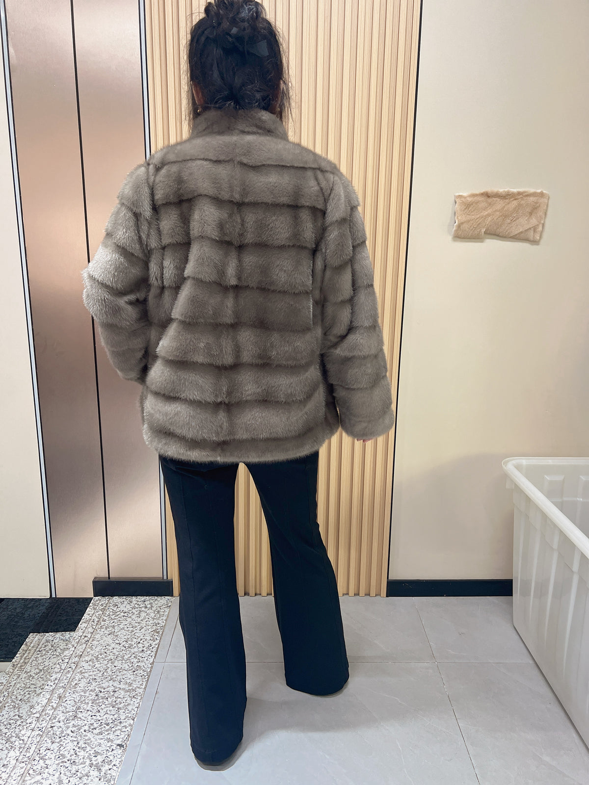 No. 160: Grey stand-collar mink fur coat featuring a horizontal panel design.