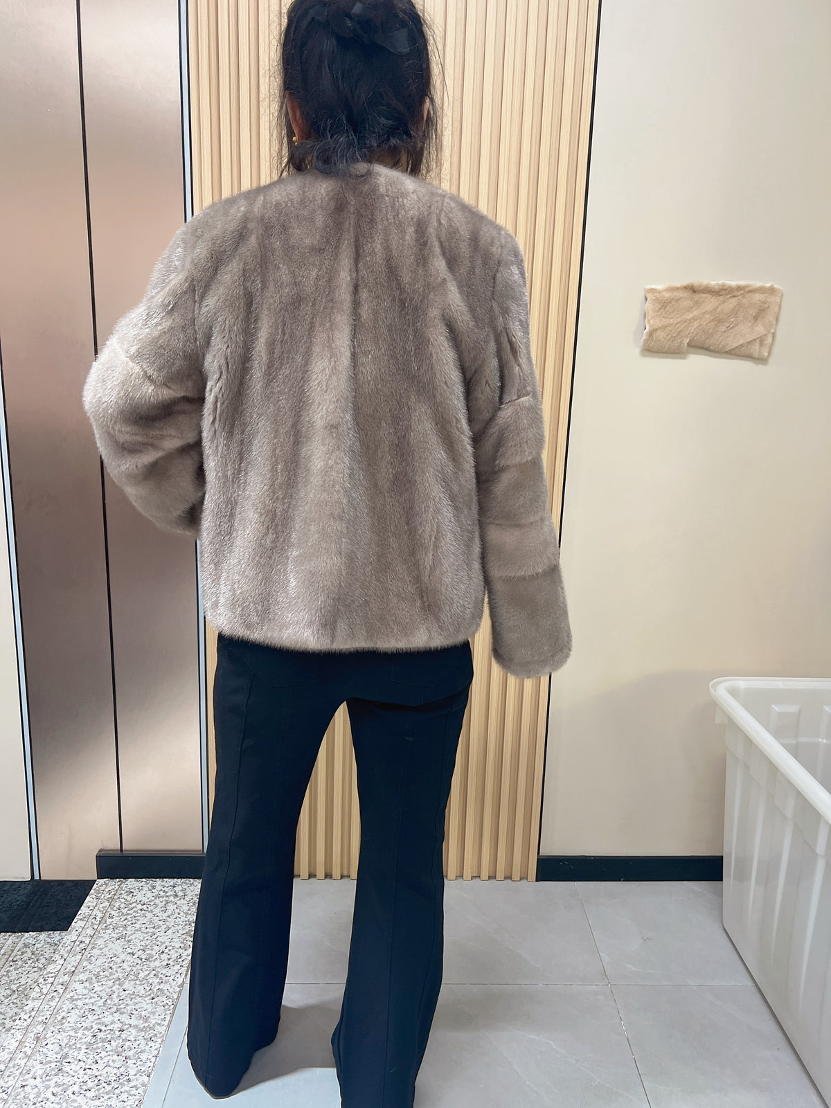 No. 155 Latte Grey V-Neck Mink Fur Coat