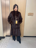 No. 158 Dark-toned mink fur coat featuring a stand-up collar and turn-up cuffs.