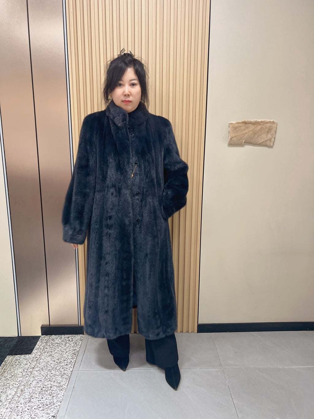 No. 145 Deep Blue-Grey Stand-Collar Mink Fur Coat