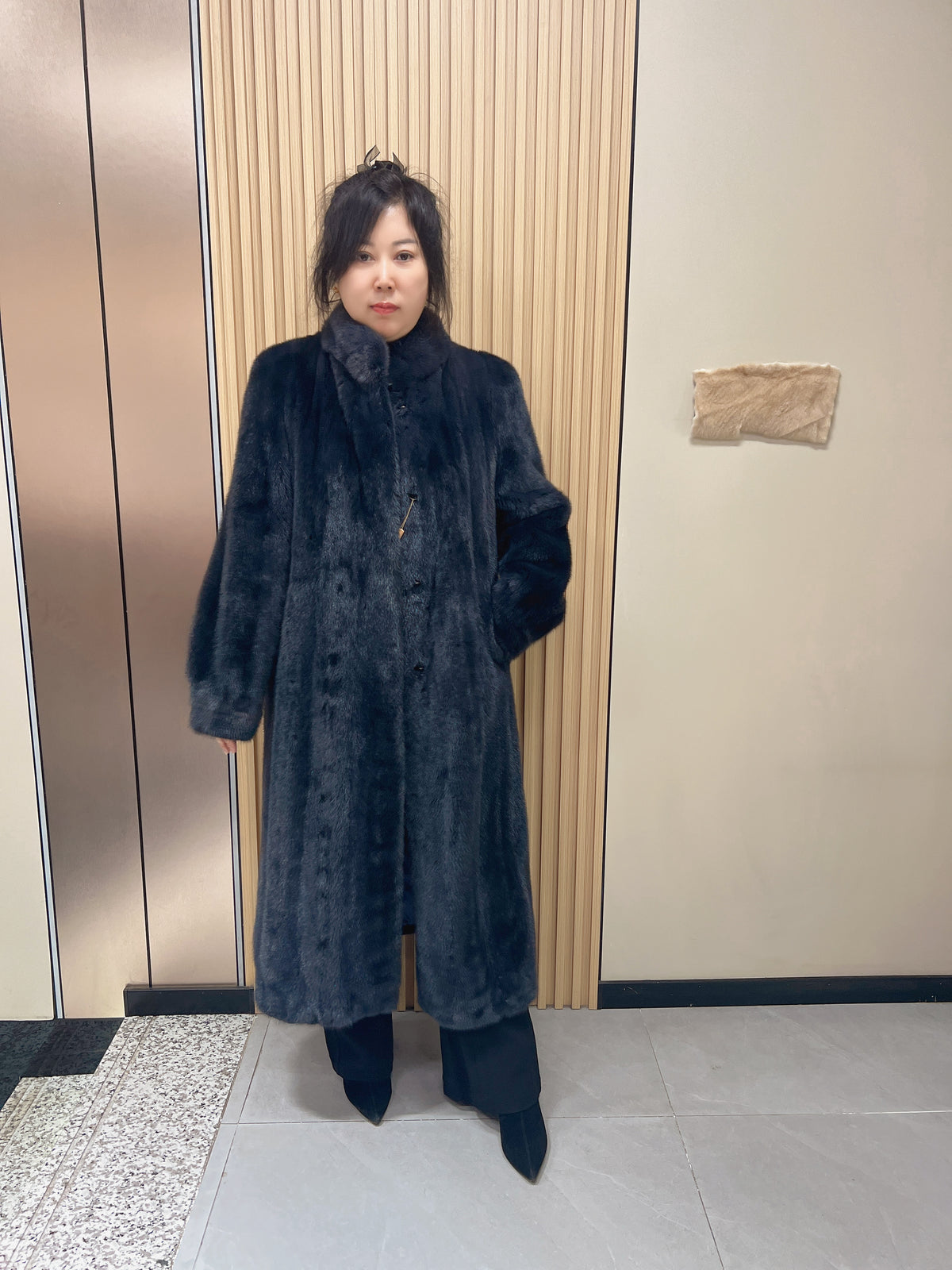 No. 145 Deep Blue-Grey Stand-Collar Mink Fur Coat