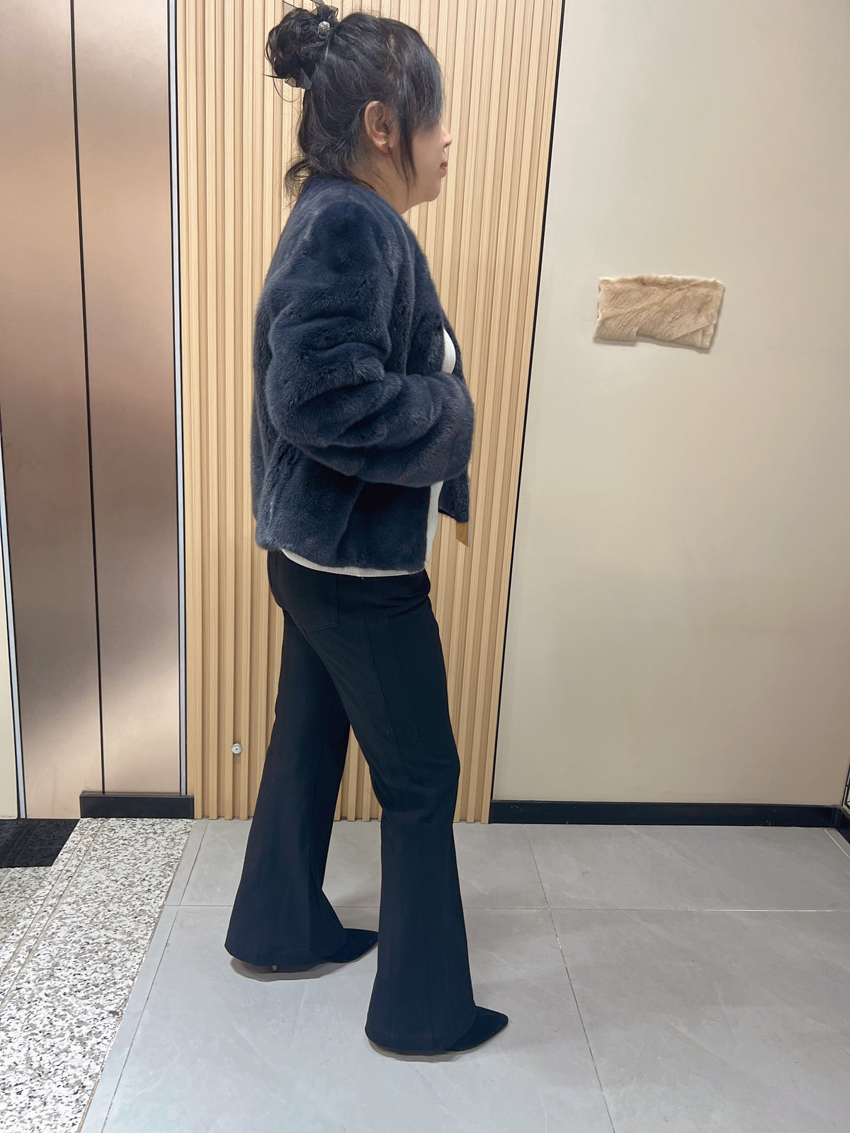 No. 180 Hazy Blue V-Neck Mink Fur Coat