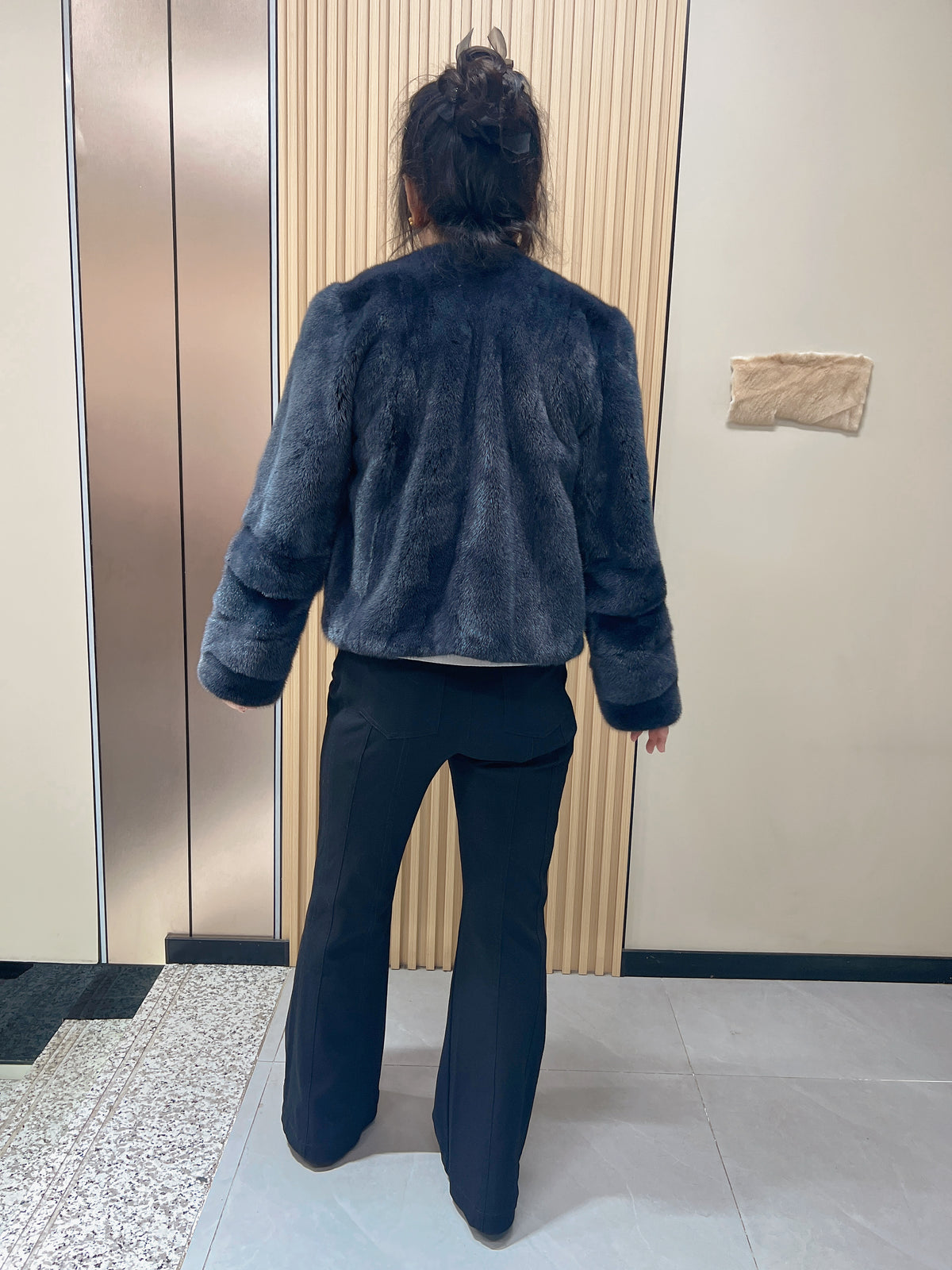 No. 180 Hazy Blue V-Neck Mink Fur Coat