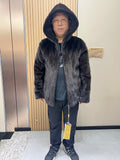 No. 127 Men's dark brown hooded mink coat with front zip closure.