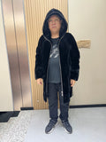 No. 128 Men's black long-length hooded mink coat with front zip closure.