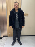 No. 129 Men's dark blue hooded mink coat with front zip closure.