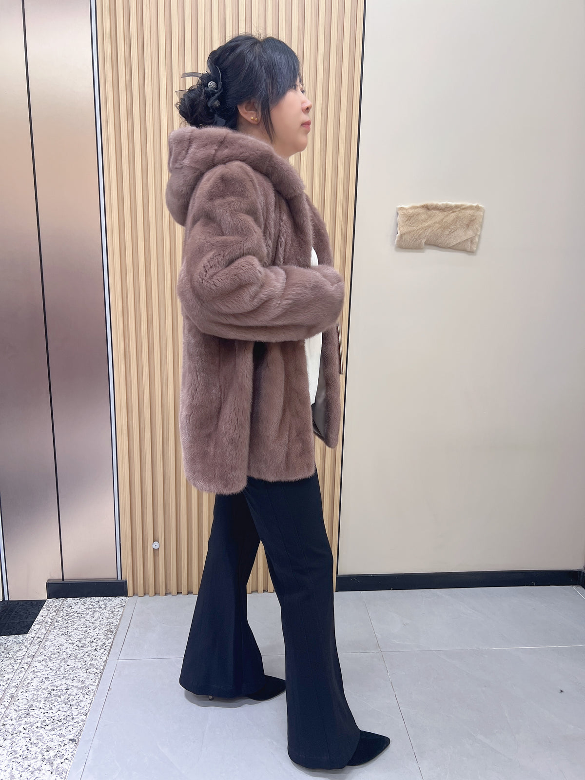 No. 188 Light Brown Hooded Mink Fur Coat