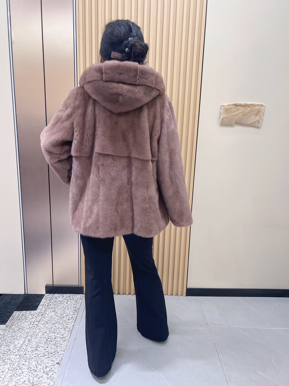 No. 188 Light Brown Hooded Mink Fur Coat