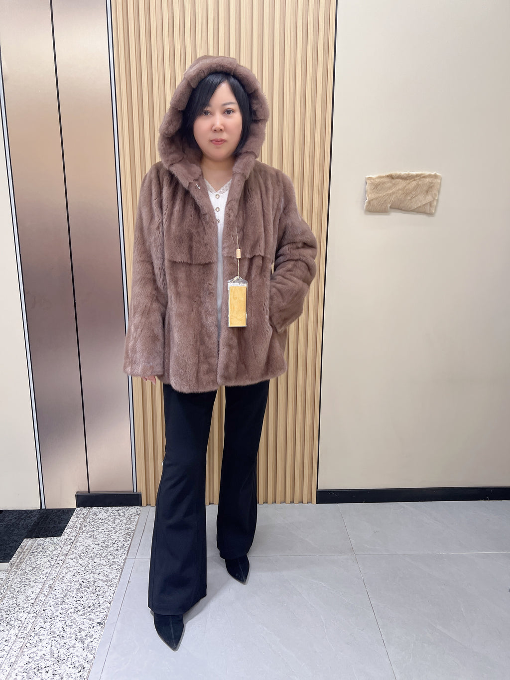 No. 188 Light Brown Hooded Mink Fur Coat