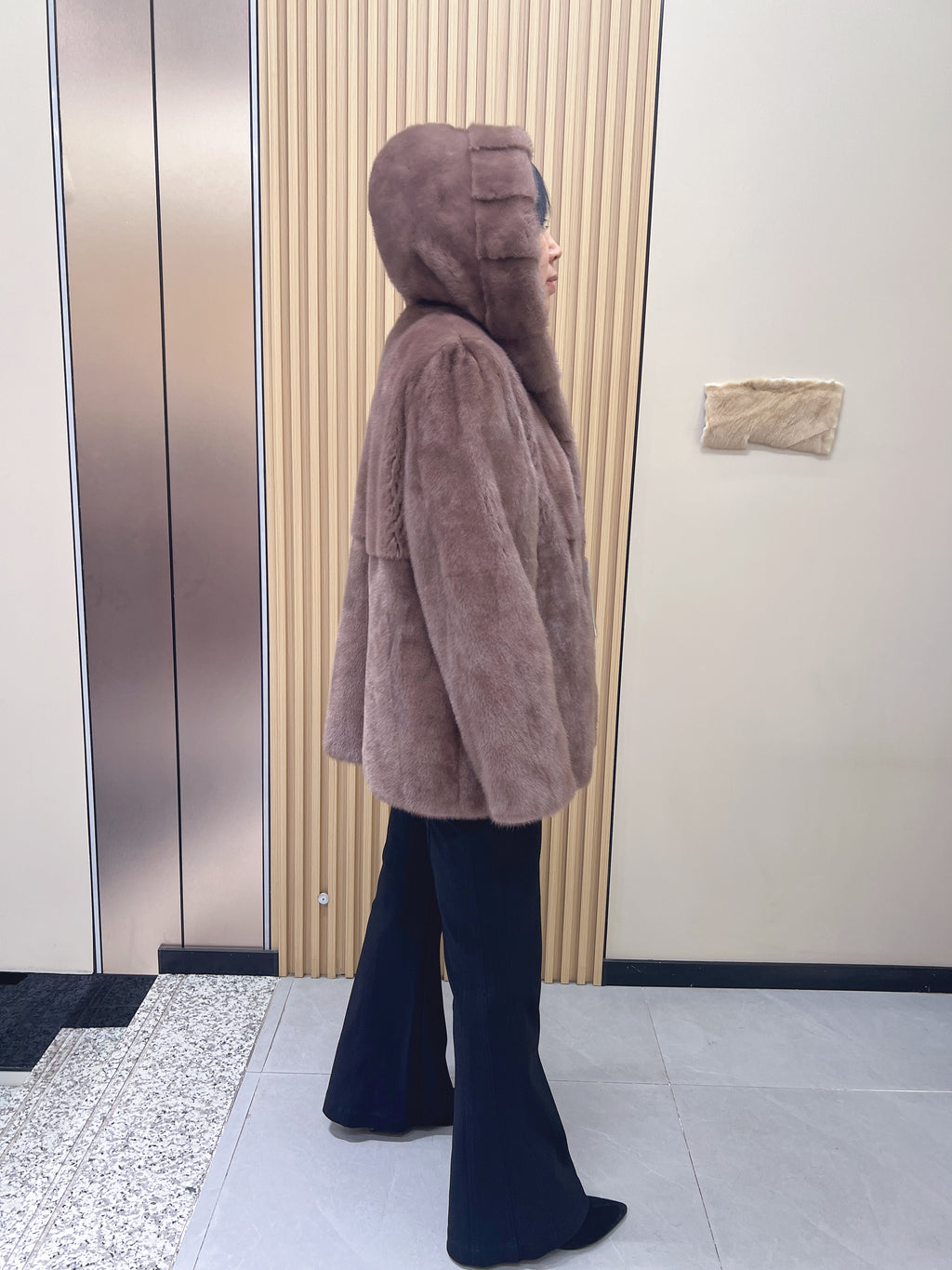 No. 188 Light Brown Hooded Mink Fur Coat