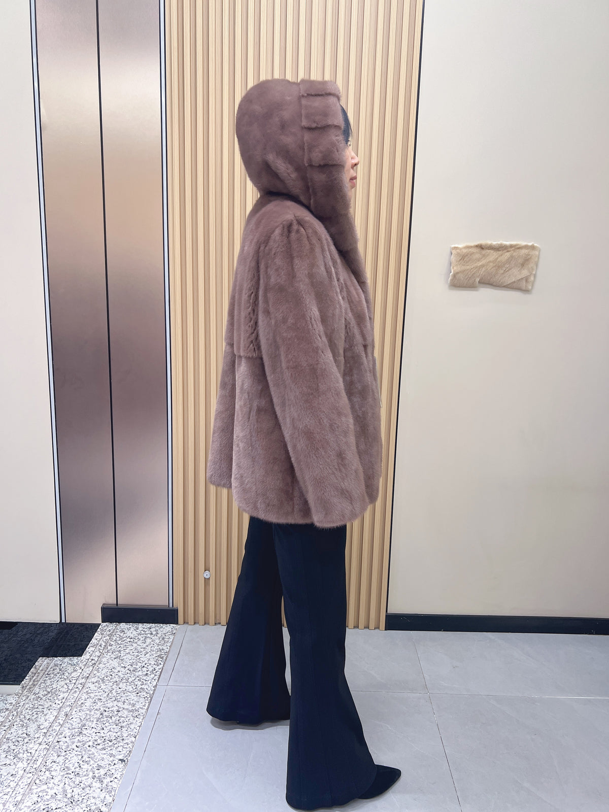 No. 188 Light Brown Hooded Mink Fur Coat