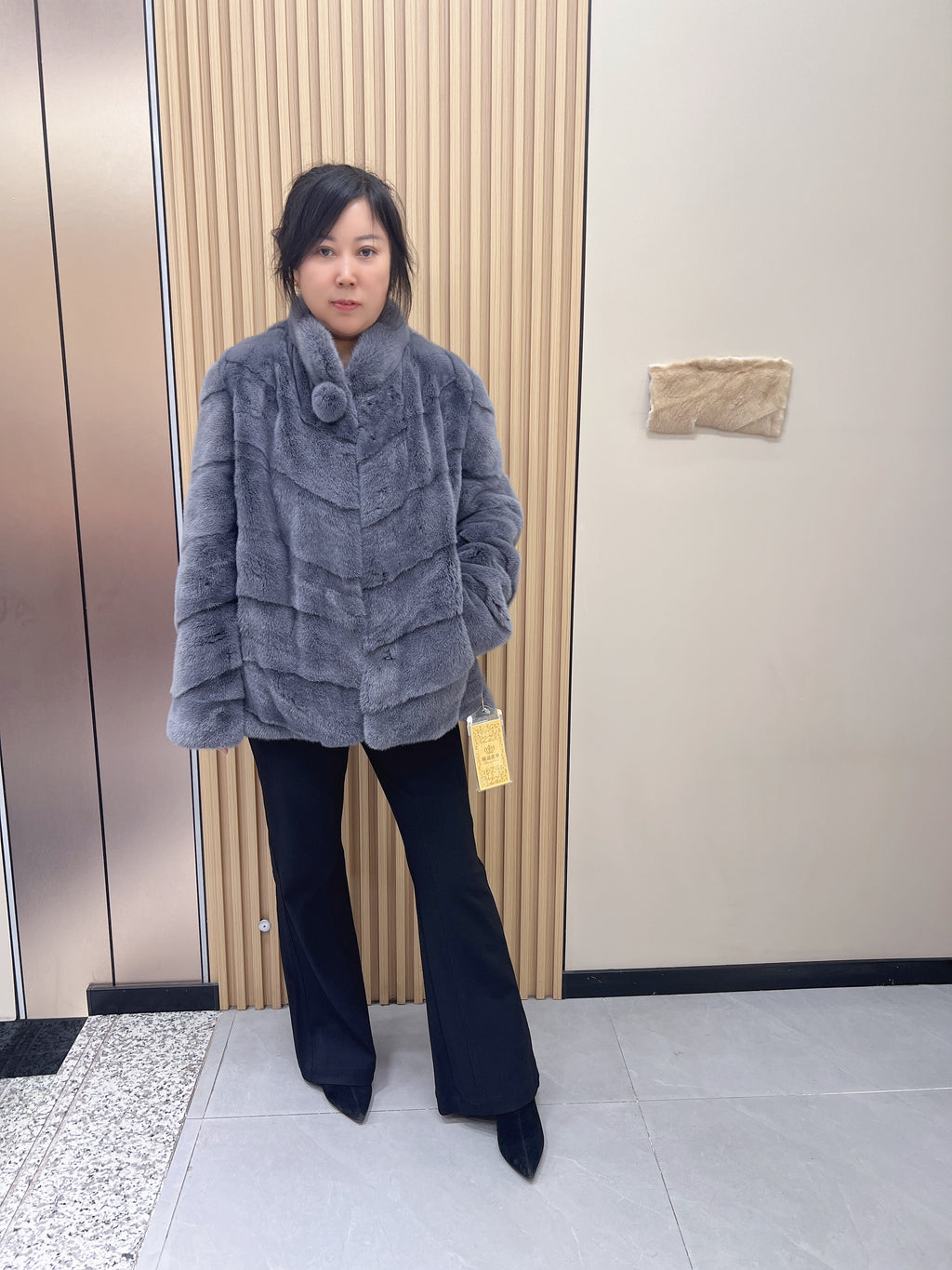 No. 184 grey stand-collar mink fur coat, featuring a diagonal front closure design.