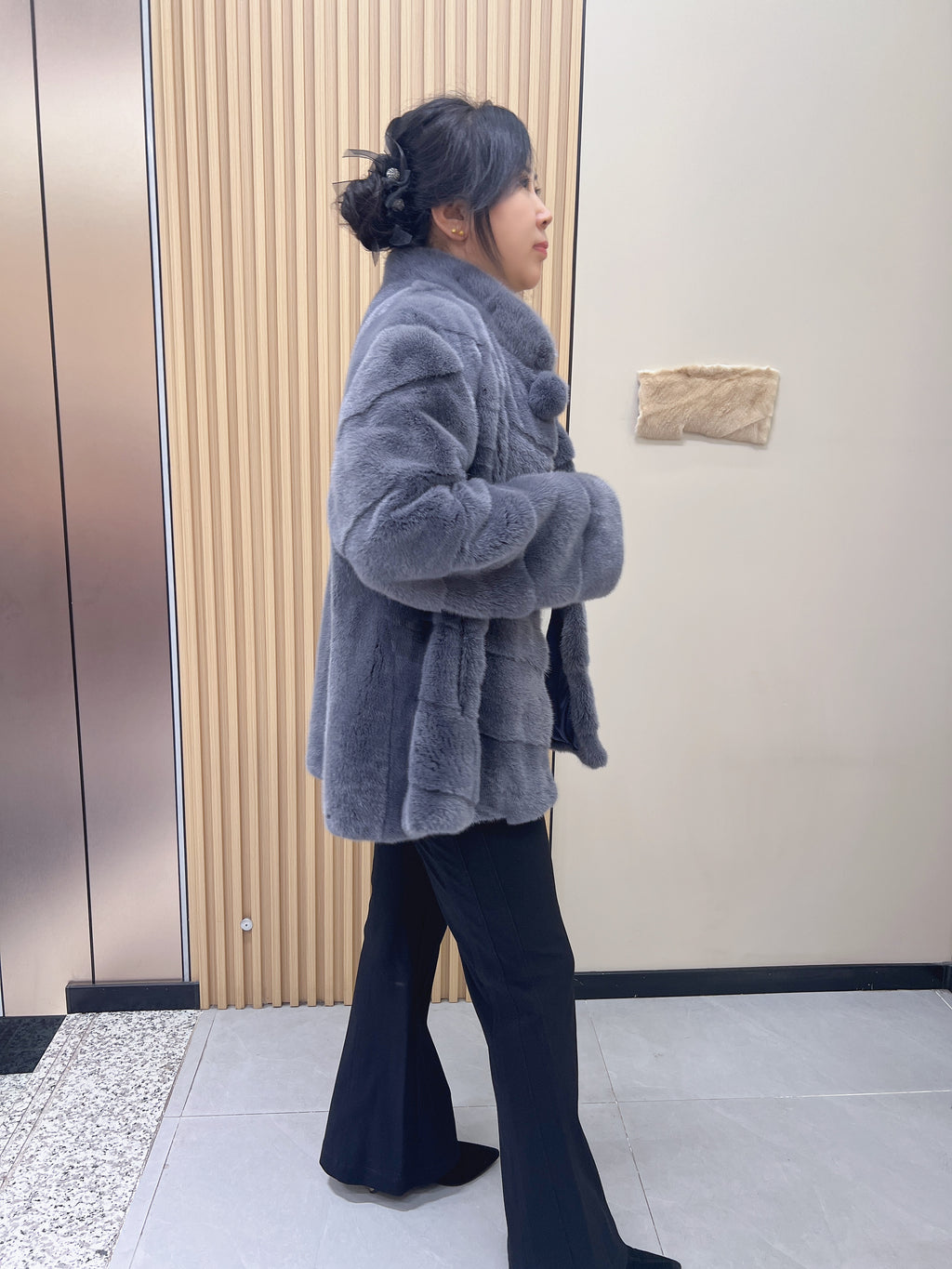 No. 184 grey stand-collar mink fur coat, featuring a diagonal front closure design.