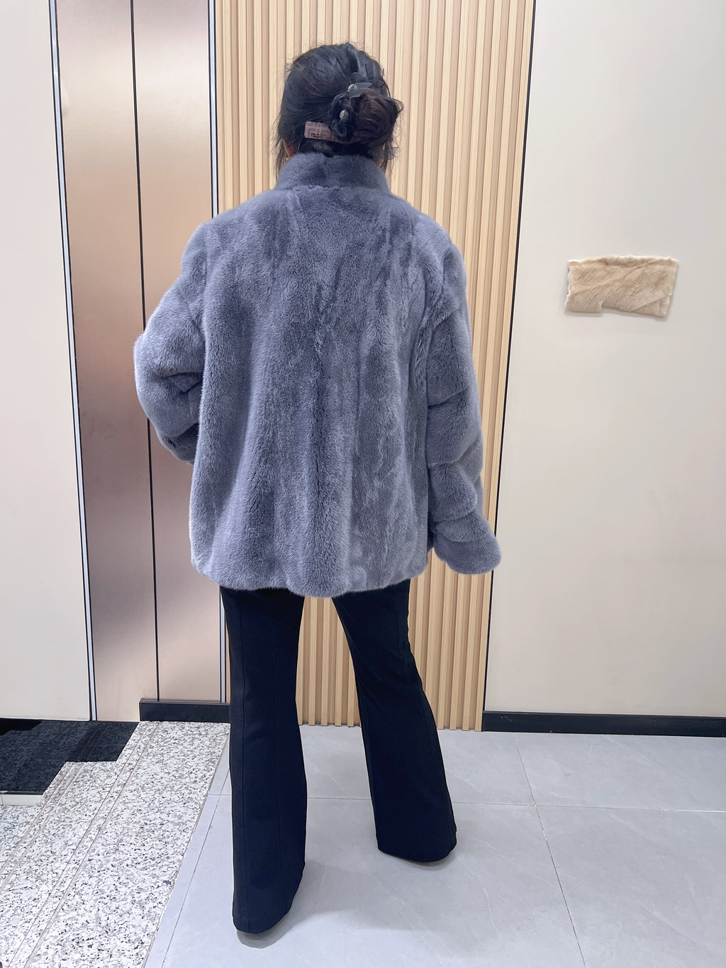No. 184 grey stand-collar mink fur coat, featuring a diagonal front closure design.