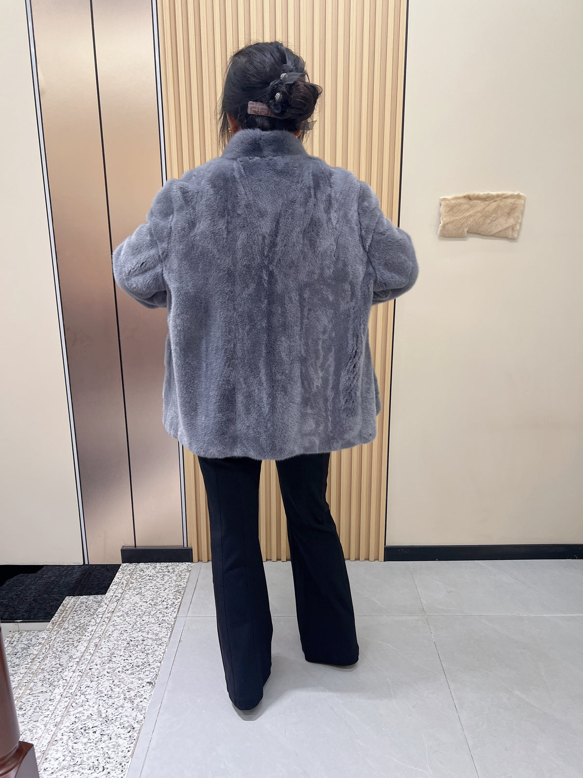 No. 184 grey stand-collar mink fur coat, featuring a diagonal front closure design.