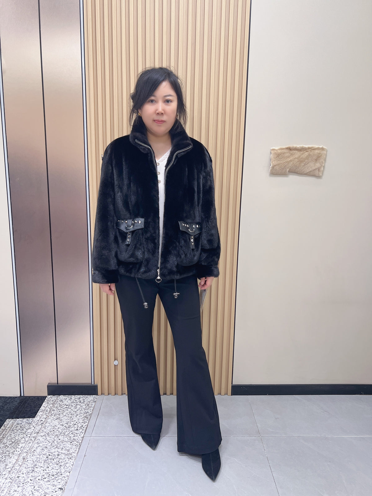 No. 198 Black Stand-Collar Zippered Mink Fur Coat (Biker Style)