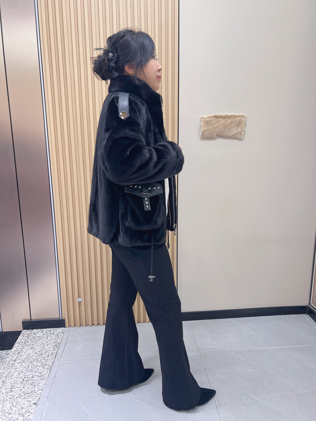 No. 198 Black Stand-Collar Zippered Mink Fur Coat (Biker Style)