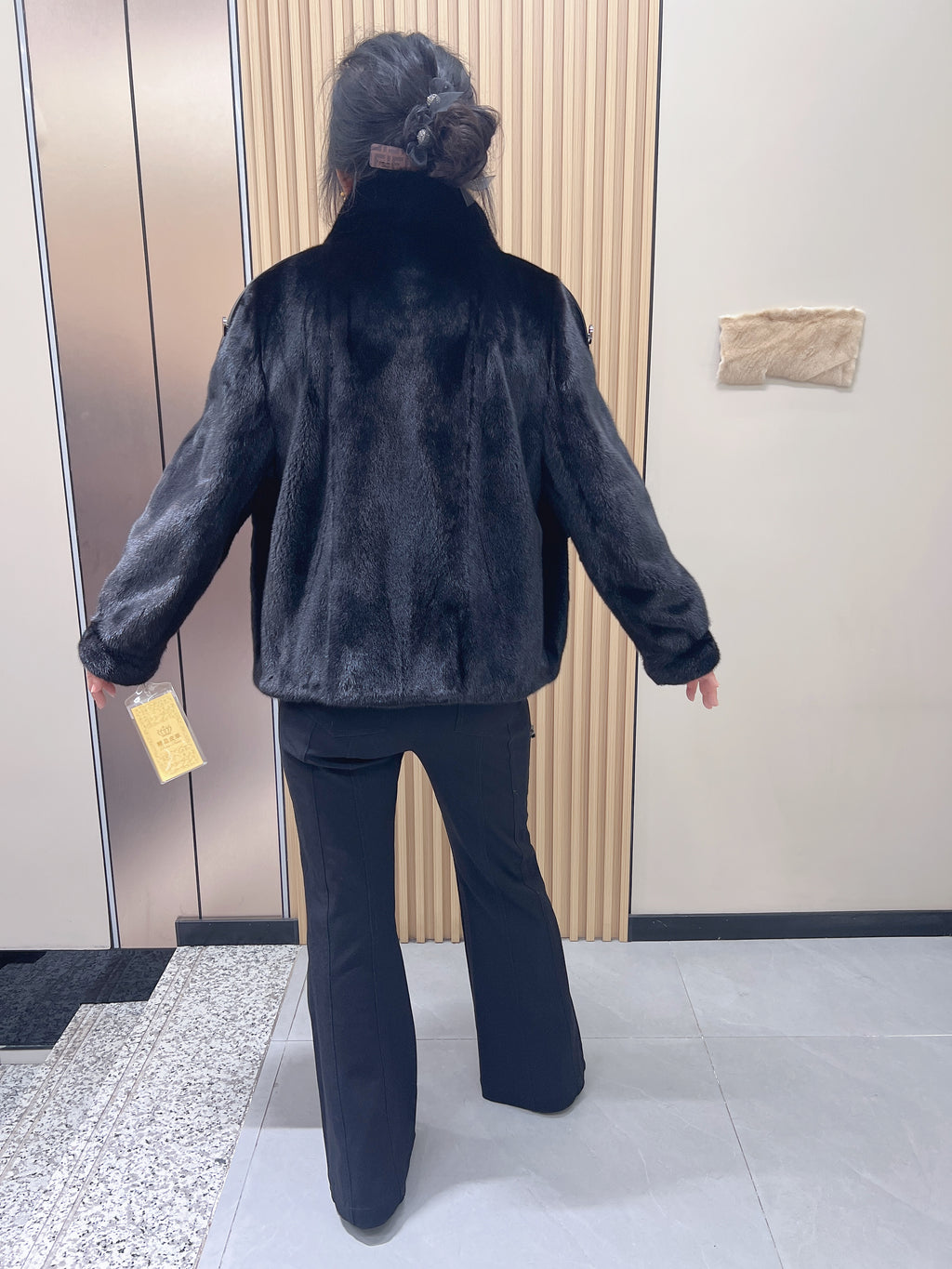 No. 198 Black Stand-Collar Zippered Mink Fur Coat (Biker Style)