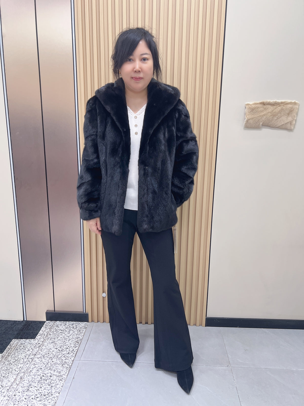 No. 205 Black Hooded Mink Fur Coat